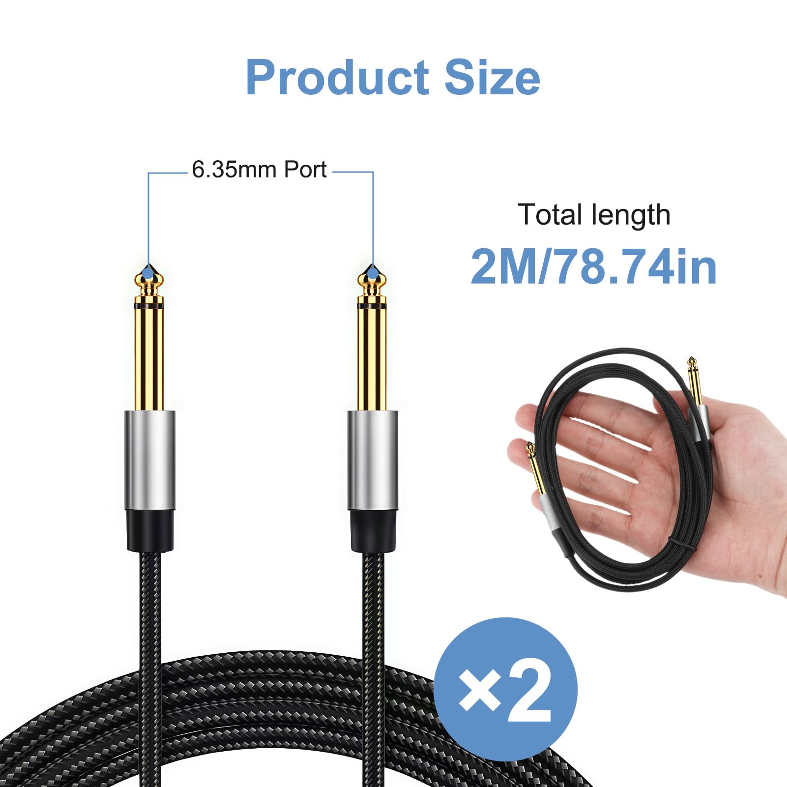 AHRLIC 2-Pack 1/4 Inch Guitar Cables, 6.35mm Straight Instrument TS Jack Cables (2m) with Oxygen-Free Copper & Braided Nylon - Image 2
