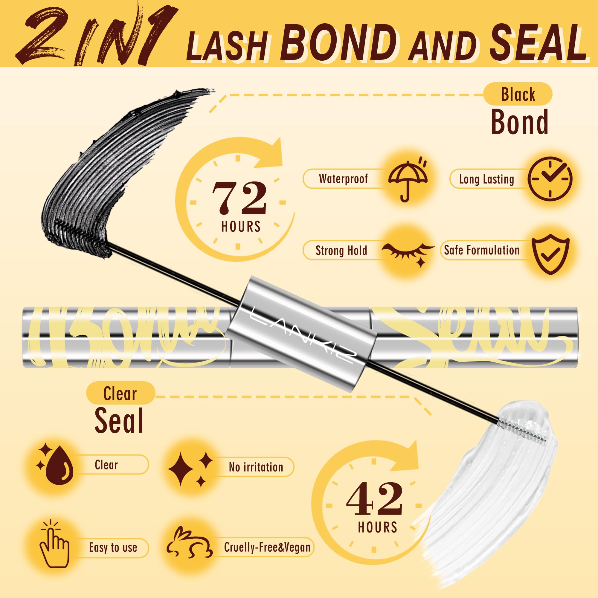 Klej do rzęs Bond and Seal i zestaw do usuwania, LANKIZ klej do rzęs 7-dniowy trwały czarny wodoodporny mocny do DIY klastrowych extensionów, środek do usuwania kleju do rzęs