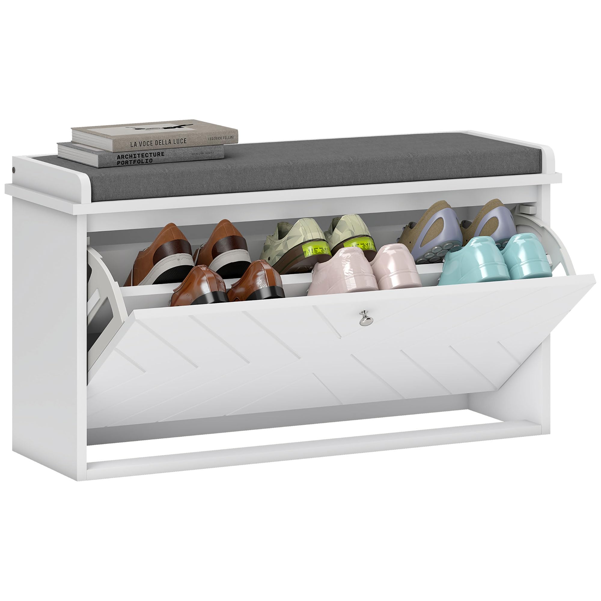 HOMCOM Banco Zapatero con Asiento Moderno de Madera 80x26x48 cm Blanco | Banco con Almacenaje, Mueble Zapatero, Estantes Ajustables, Cojín Acolchado, para 8 Pares de Zapatos, Entrada Recibidor