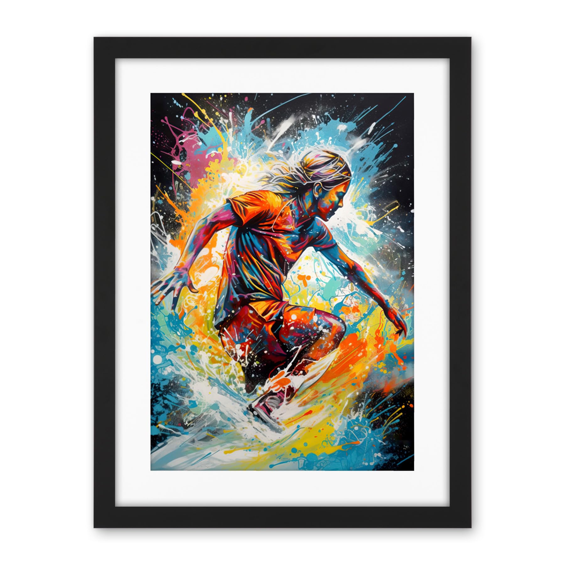 Artery8 Surfer Surfing on Splatter Paint Crashing Waves Artwork Framed Wall Art Print 18X24 Inch