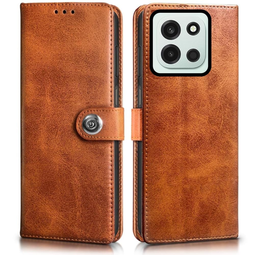 Leather Flip Case Cover Compatible with Back case Cover for Oneplus Nord 6 5G |Designer Button| Hand-Stitched Leather Finish| Lightweight| Inbuilt Card Pockets|(Brown)