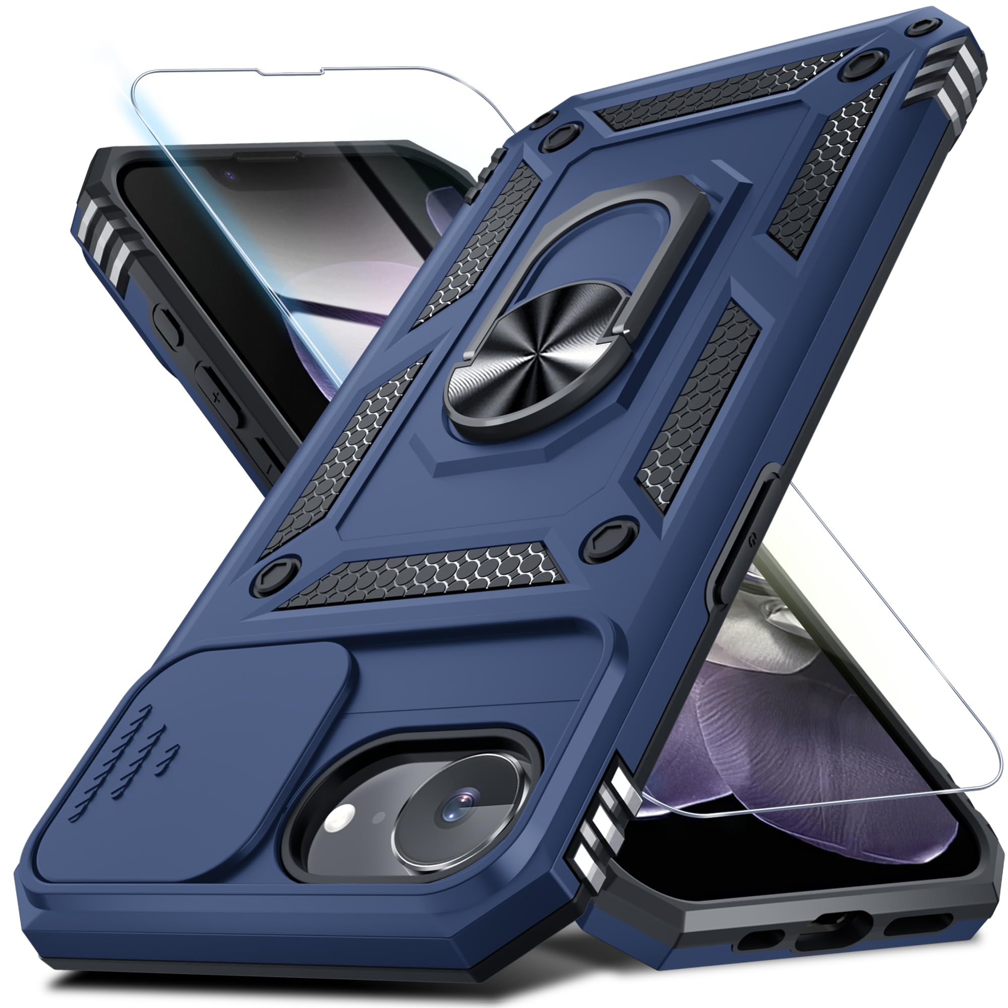 Janmitta for iPhone 16e Case Built in Slide Camera Lens Cover+Screen Protector,Heavy Duty Shockproof Full Body Phone Cover with Finger Ring Holder Kickstand,2025 Blue