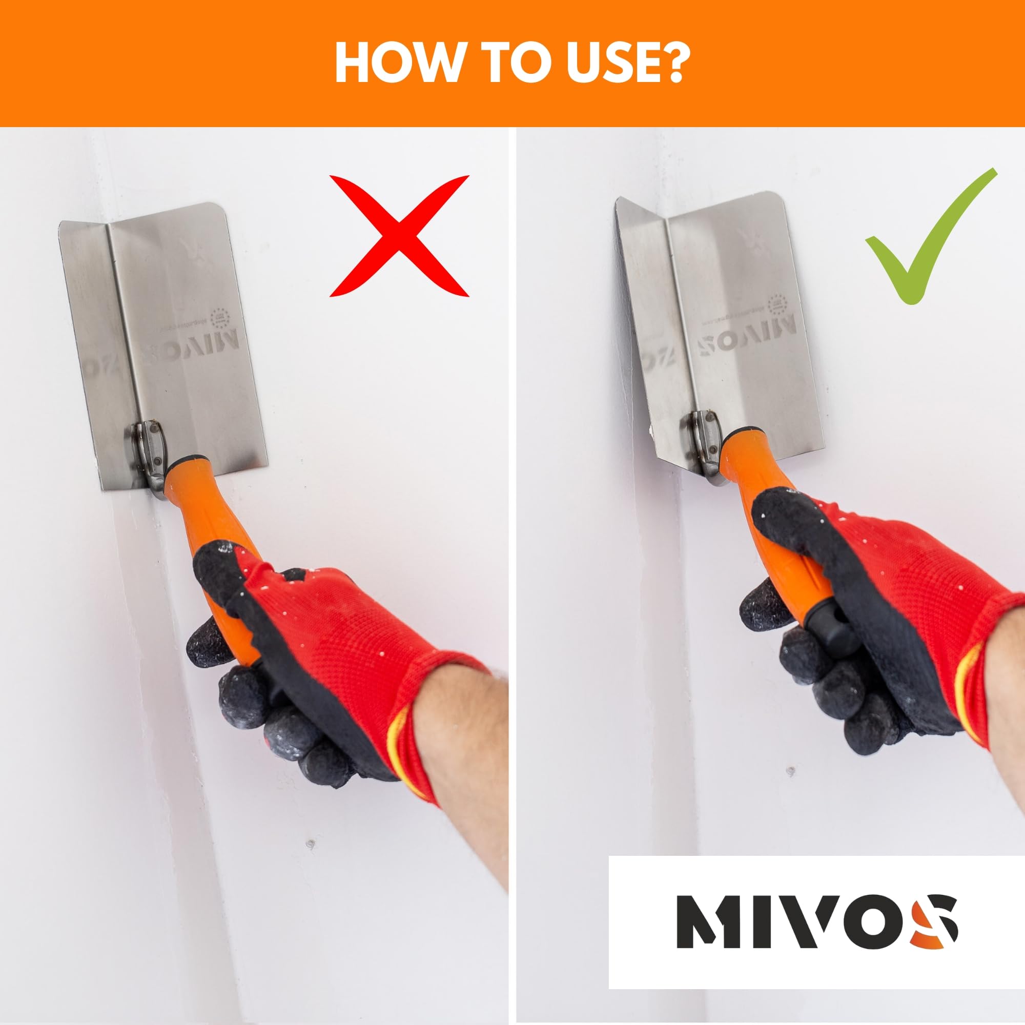 Mivos 2 x kielnia narożna ze stali nierdzewnej 120 x 60 mm – kielnia narożna wewnętrzna i zewnętrzna ze stali nierdzewnej – do wewnątrz i na zewnątrz z miękkim uchwytem – szpachelka narożna Made in EU