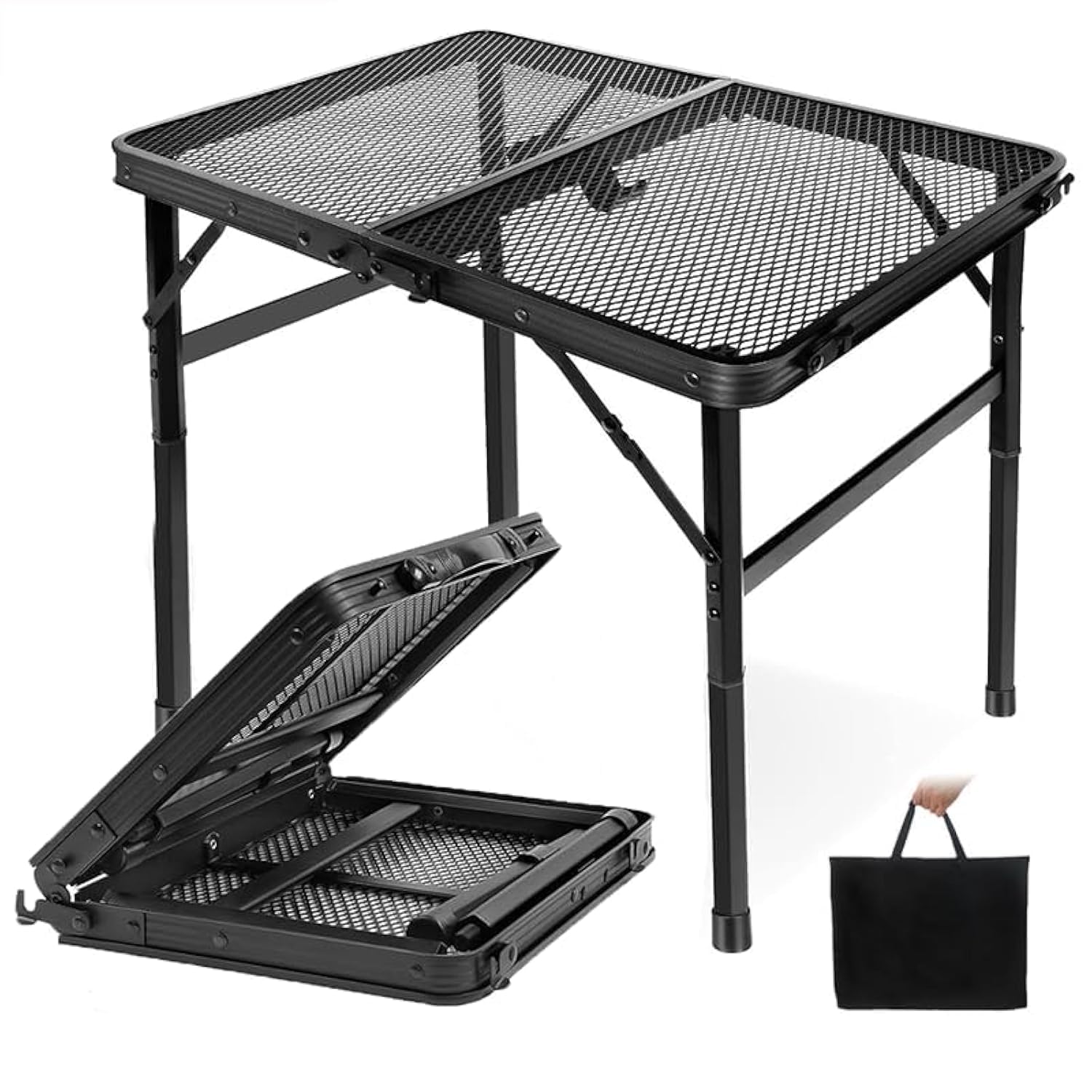 LENNDFolding Grill Table Camping Table with Mesh Desktop, Lightweight & Portable Outdoor Picnic Table, Height Adjustable Portable Grill Table for Outside Inside Use, (ZHUO)