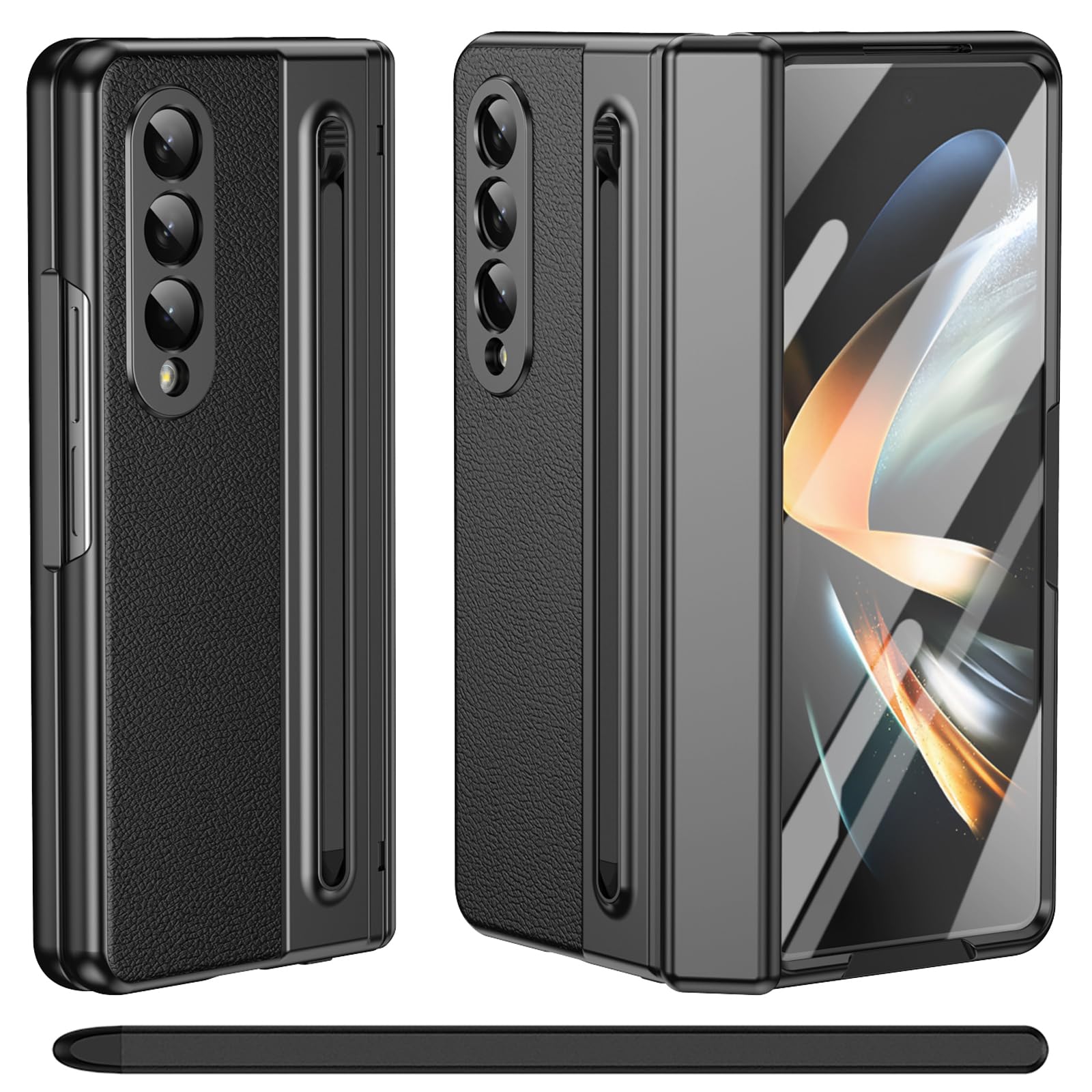 per Galaxy Z Fold 3 Custodia con Penna Stilo, Protezione Cerniera + Porta Penna S + Pellicola Protettiva in Vetro Temperato, Cover in Pelle per Samsung Galaxy Z Fold3-Nero