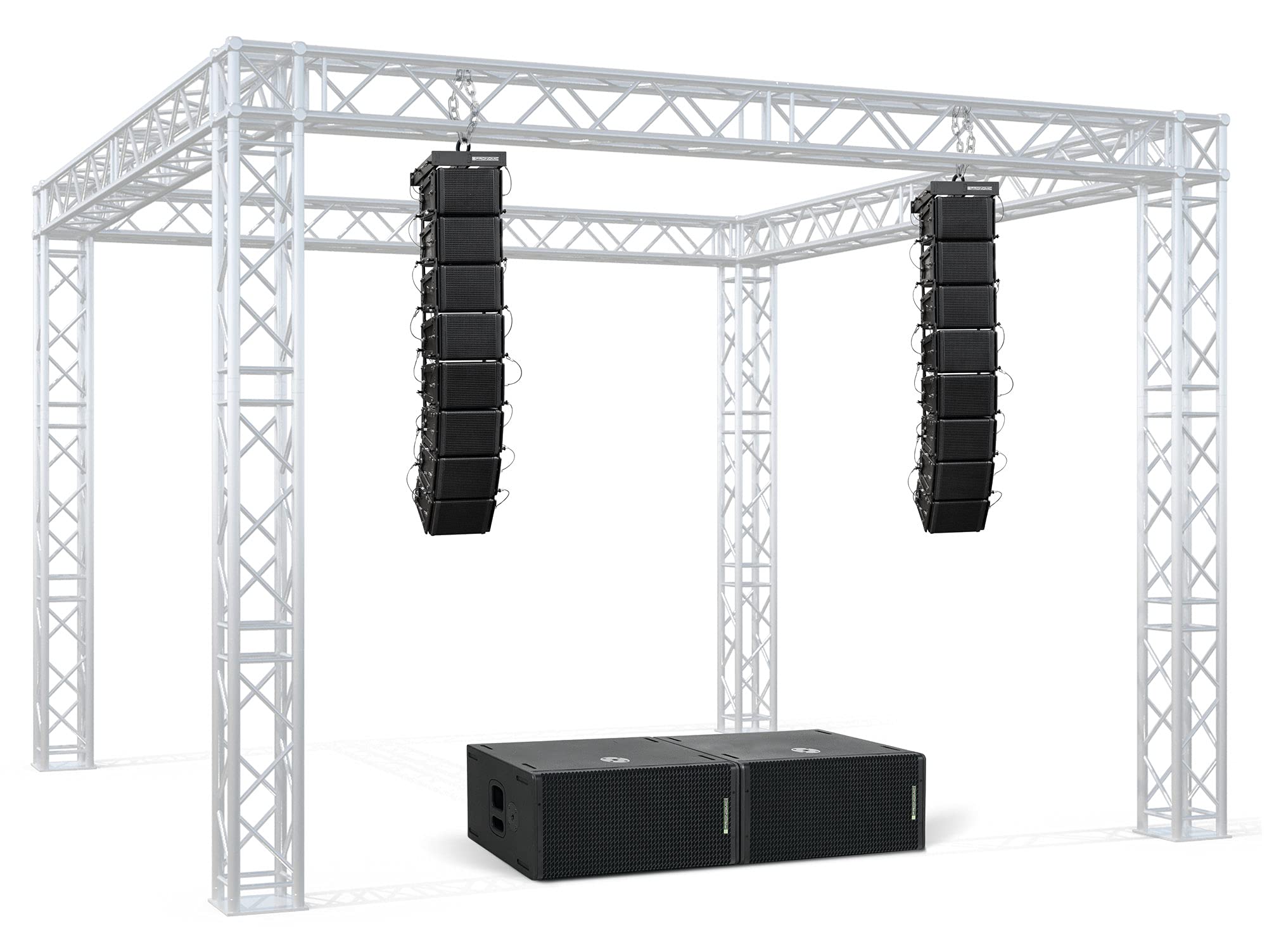 Pronomic V-Array Club Set, 210 Subwoofer, Équipement: 2X woofer 10" | DSP: processeur DSP 96 kHz, 48 bits, Récepteur Bluetooth® 4.2, Presets DSP: FLAT, LIVE1, LIVE2, 2x sortie ligne XLR, 104 Top
