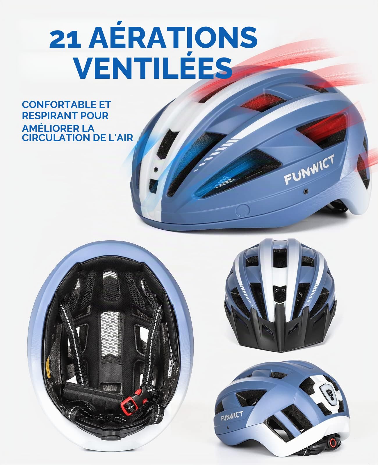 Casque Velo Homme Femme avec Visiere et Lunettes Détachables, Casque Vélo Casques VTT avec Feu Arrière à LED Rechargeable, Casque Cyclisme pour Adulte et Adolescent (M: 54-58 cm, Bleu)