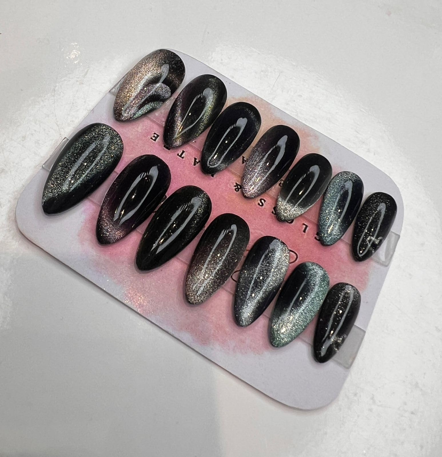 Gloss & Matte Press-On Nails Set, Almond Shape, Black and Silver Glitter, 14 Pieces-image-19