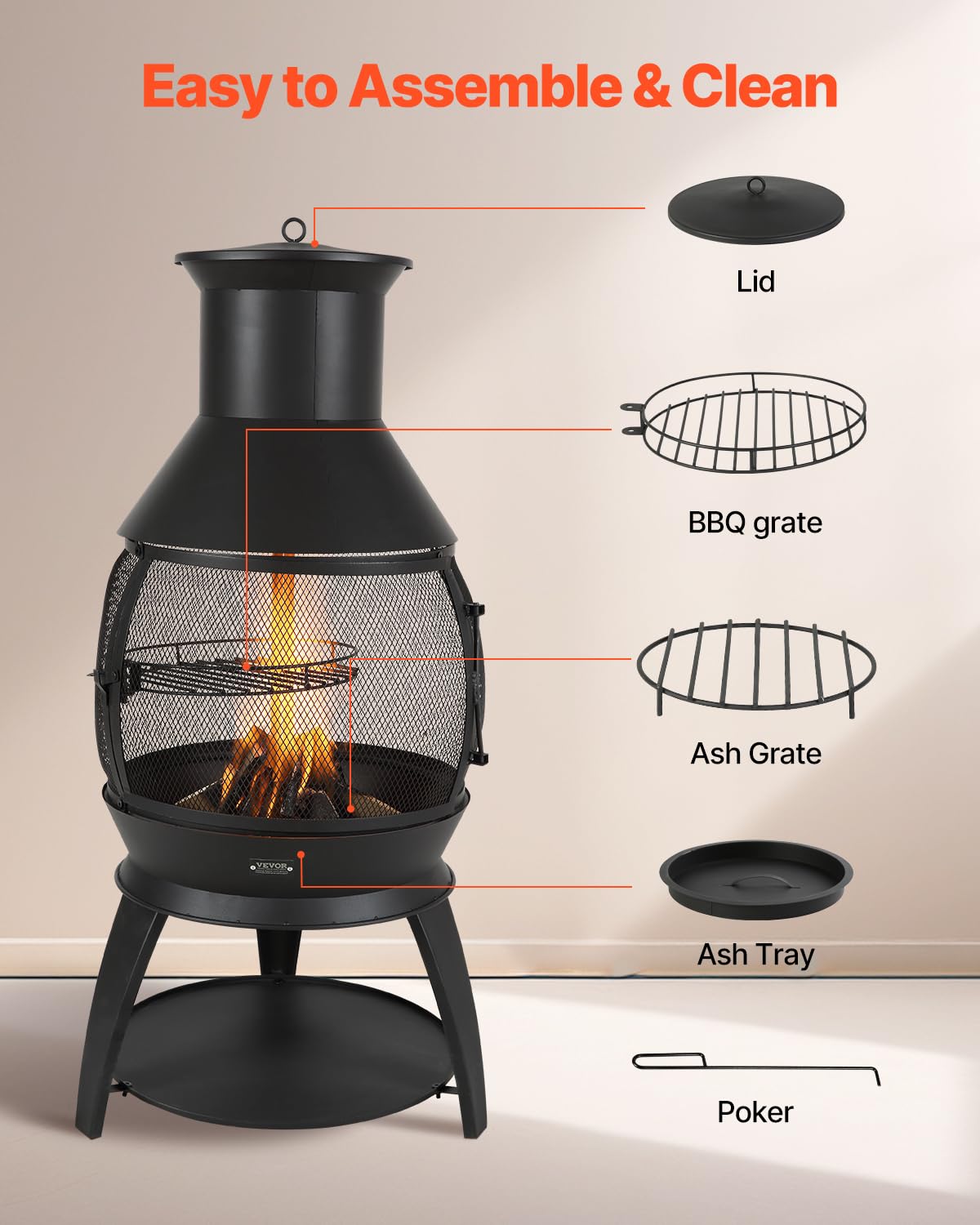 VEVOR Gartenkamin, φ500x1100mm Terrassenofen, Aztekenofen aus Eisen zum Grillen & Wärmen, Chimenea Feuerstelle mit Grillgitter, Kaminmantel & rostfreiem Kamindeckel, für Terrasse, Garten, Hinterhof