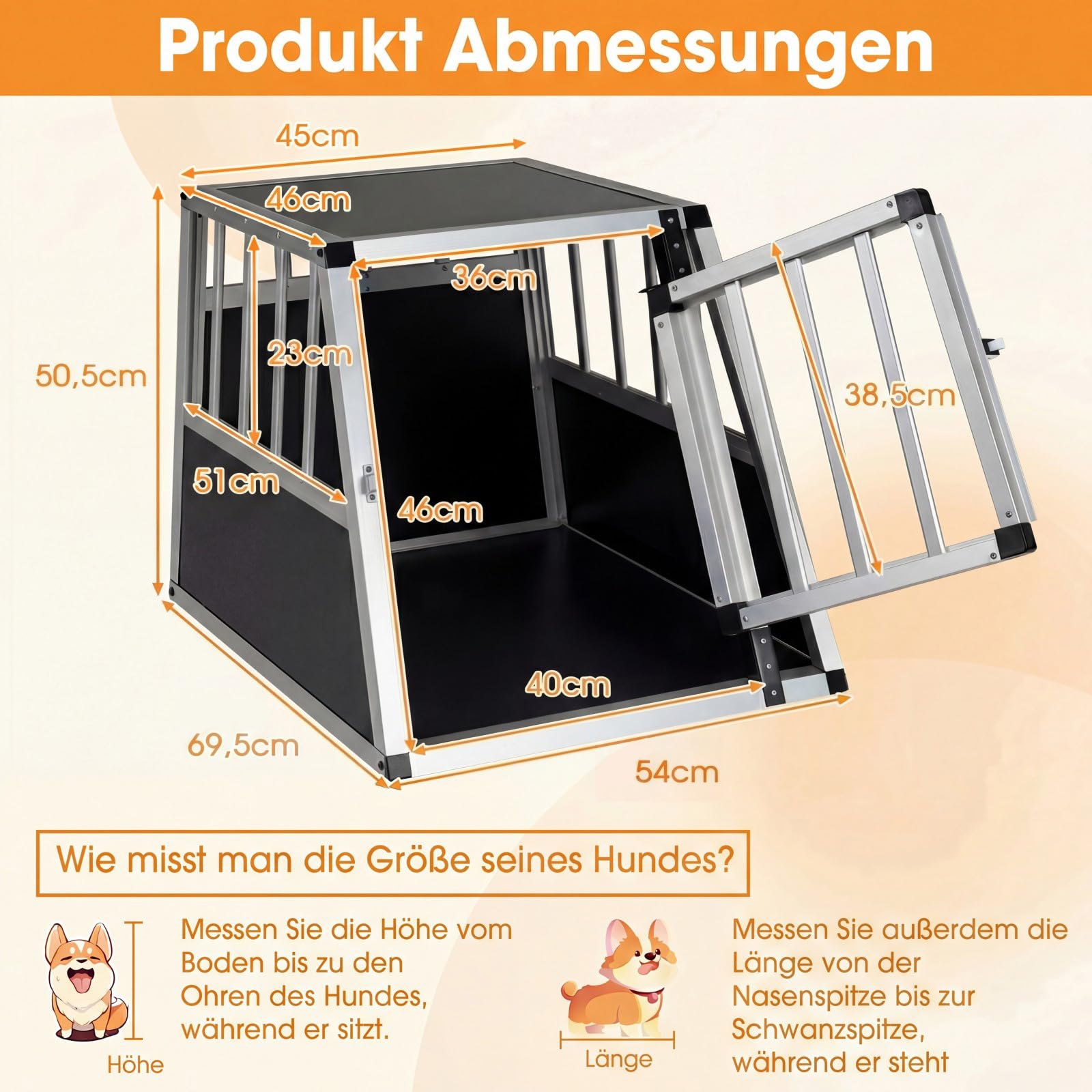 COSTWAY Hundetransportbox, Alu Hundebox mit abschließbarer Tür, herausnehmbarer Trennwand, Reisebox, Hundekäfig trapezförmig für Auto, LKW & Camping, 70 x 54 x 51 cm