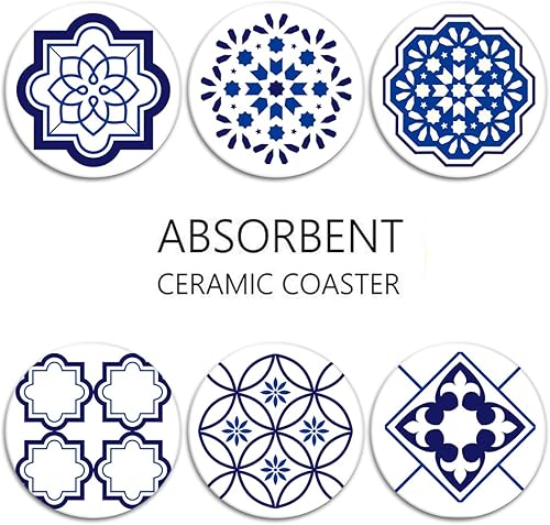 Miniatura 6 de Juego de 6 posavasos para bebidas, diseño de azulejos de cerámica azul marino, tapete redondo absorbente de piedra de cerámica, con base de corcho y