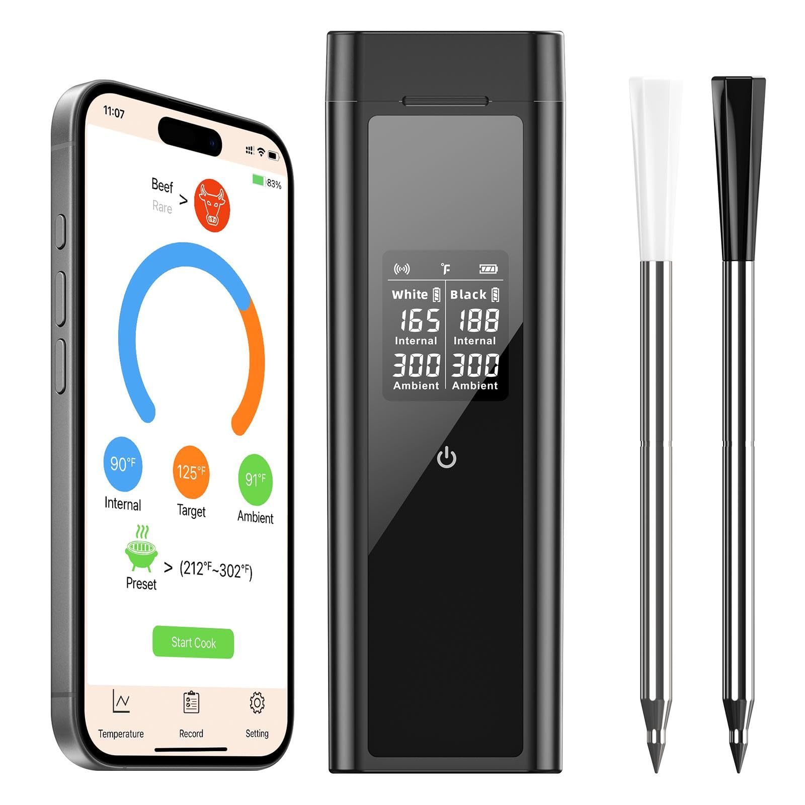 BlueSwan Termometro Carne Wireless con 2 Sonde IP67, Lavabile in Lavastoviglie, LCD Display, Scatola Magnetica Allarme Temperatura, 150m Bluetooth APP con 9 Modalità, per BBQ, Forno, Cucina, Camper