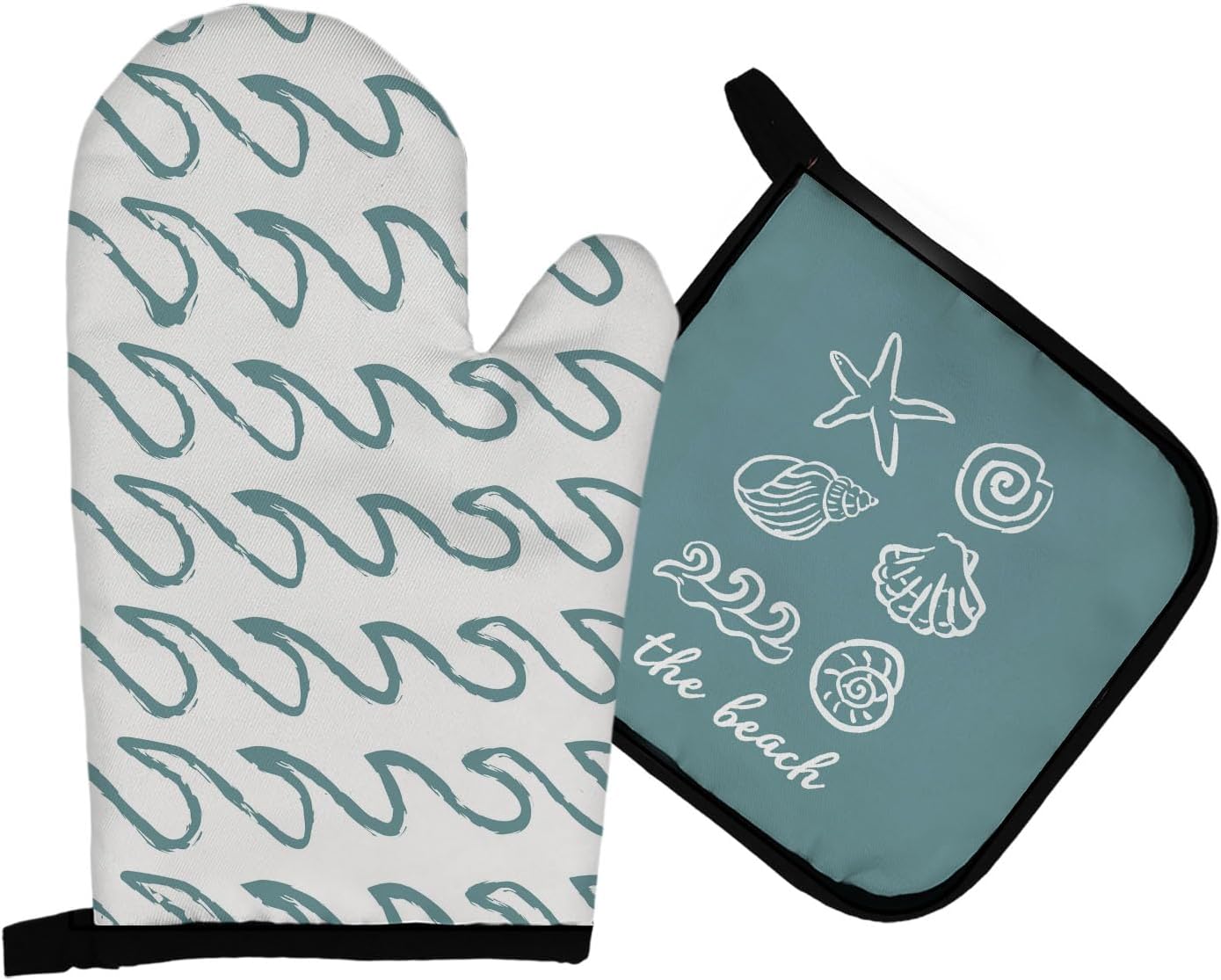 Mingnei Coastal Beach Seashell Starfish Oven Mitts and Pot Holders Sets, Beach House Gifts Heat Resistant Potholder Kitchen Decor for Cooking Baking BBQ Grilling, Blue Nautical Oven Glove Set