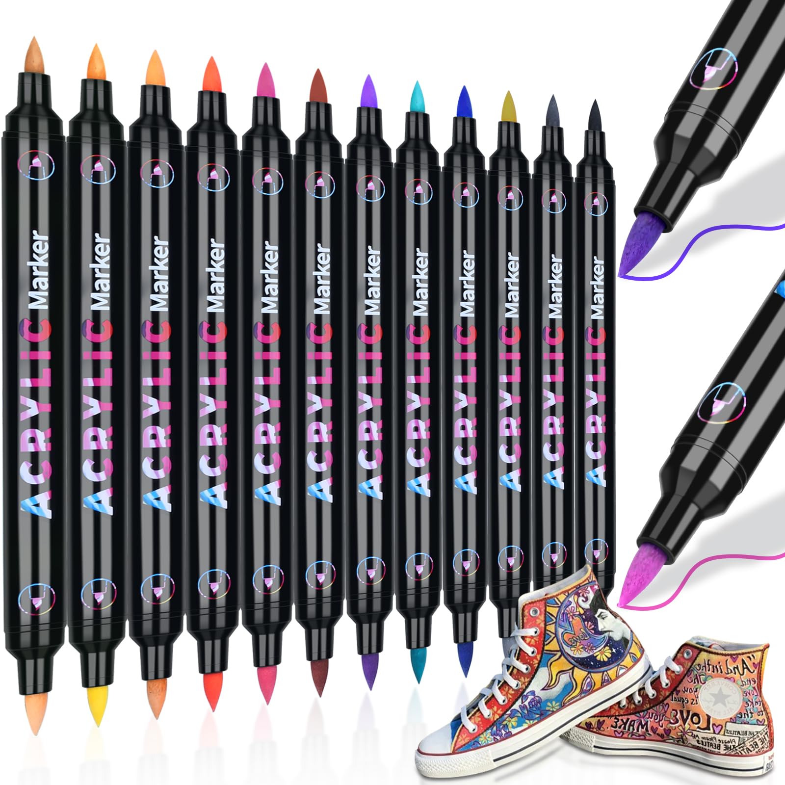 DUULEMANG 24 Colours Acrylic Paint Pens, 12 Pack Dual Tone Acrylic Paint Pens Markers for Rock Painting Double Brush Tips Acrylic Markers for Christmas Decorations, Eggs, Wood, Glass