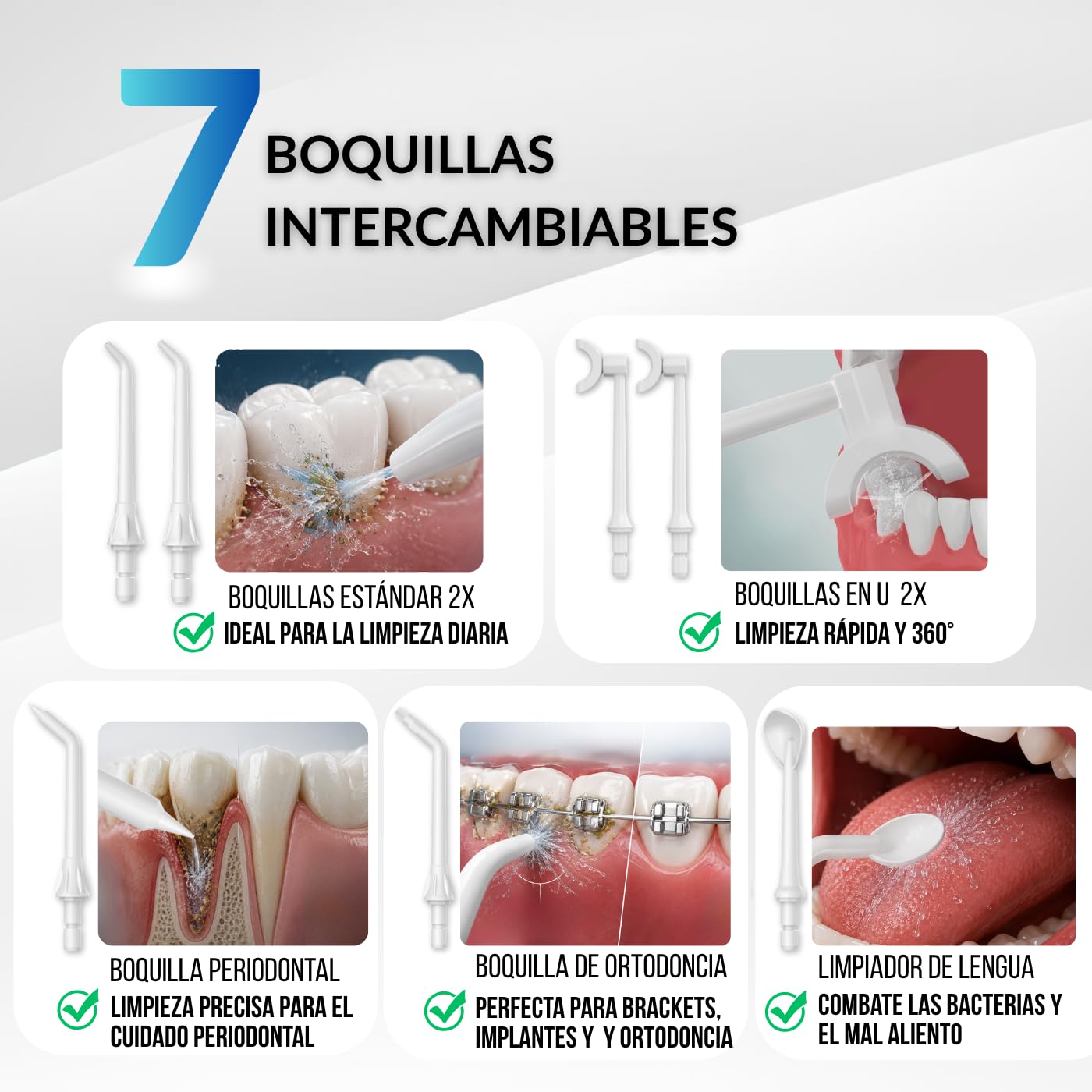 Irrigador Bucal Inalámbrico Aurallys, IPX7 Impermeable, Incluye 7 Boquillas, Batería 2000mAh, Tanque 280ml, 3+DIY Modos, con Modo Personalizable (Azul y Blanco)
