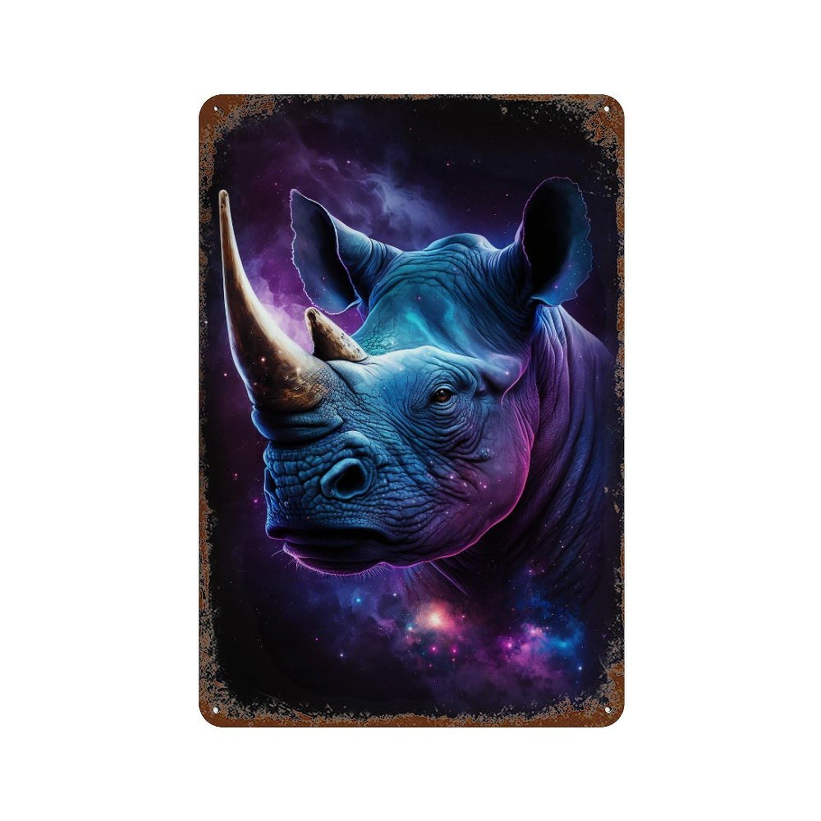 Galactic Rhino Portrait-3 11.8"x7.9" Distressed Metal Wall Sign, Retro Wall Decor for Garage, Bar And Workshop Decor