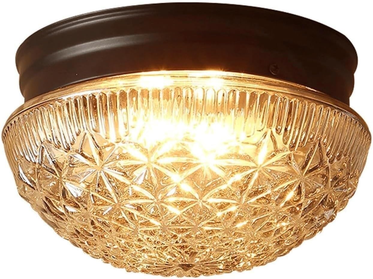 9.8 Inch Vintage Black with Clear Patterned Glass Shade Ceiling Lamp, E27 LED Industrial Farmhouse Close to Ceiling Lighting, Semi Flush Mount Light Fixture, for Kitchen, Hallway, Bedroom