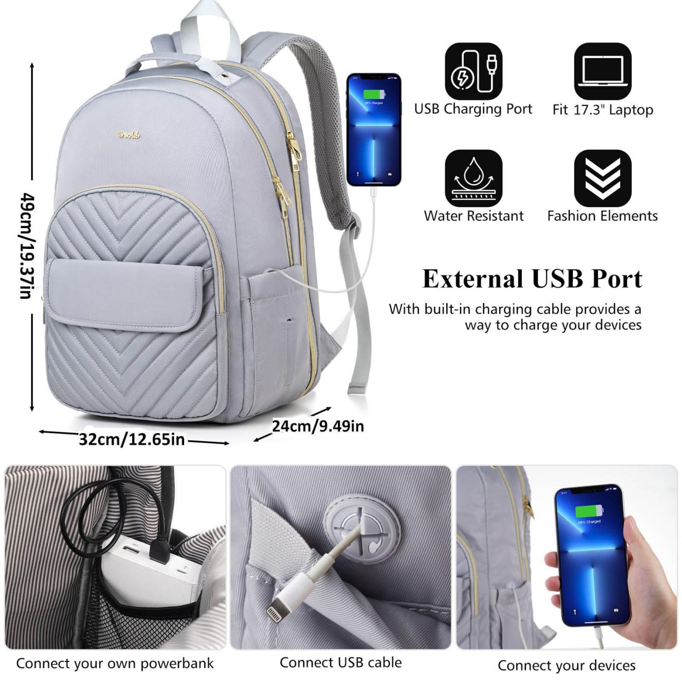 Sac à Dos Femme Sac à Dos pour Prdinateur Portable 17,3 Pouces pour Collège Voyage Loisir Travail Affaire