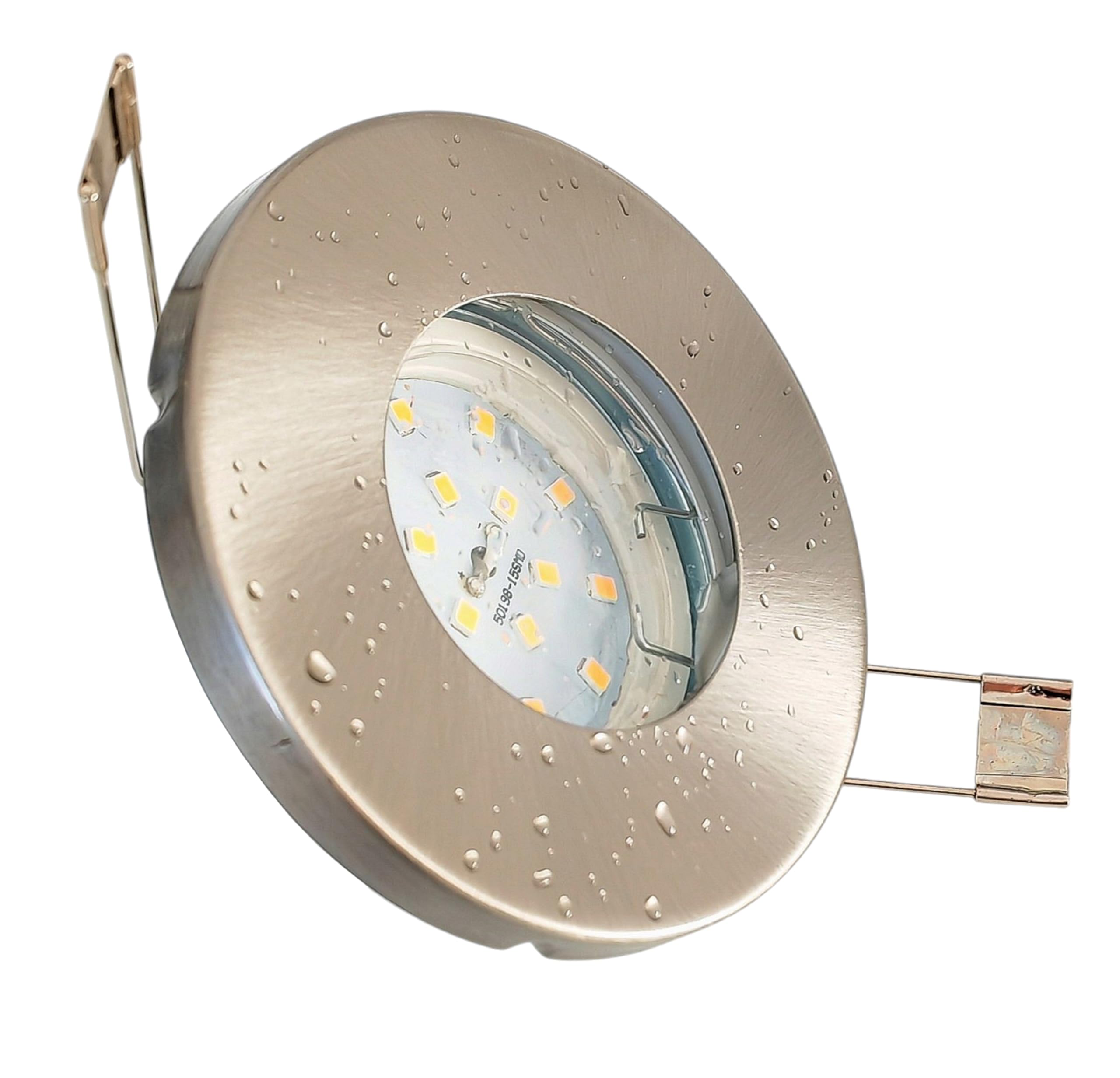 Trango 6er Set Einbaustrahler IP65 aus Edelstahl gebürstet 6729IP65-062MO inkl. 6x 5 Watt 3000K warmweiß Ultra Flach LED Modul für Bad, Dusche, Einbauspots, Deckenstrahler, Deckenlampe, Badleuchte