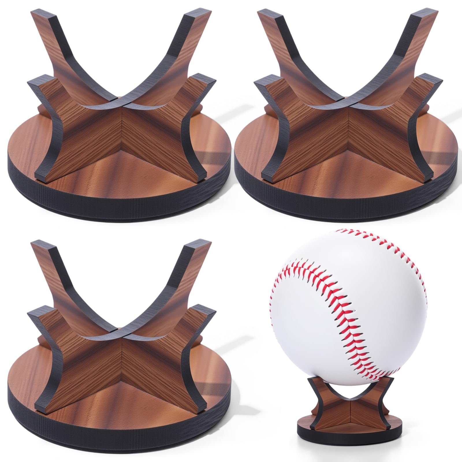 Sumind 3 Pcs Walnut Small Ball Stand Holder Sport Ball Display Rack Baseball Display Stand with 3 Pieces Non-slip Rubber Pads for Baseball Golf Softball Tennis Spheres, Wood
