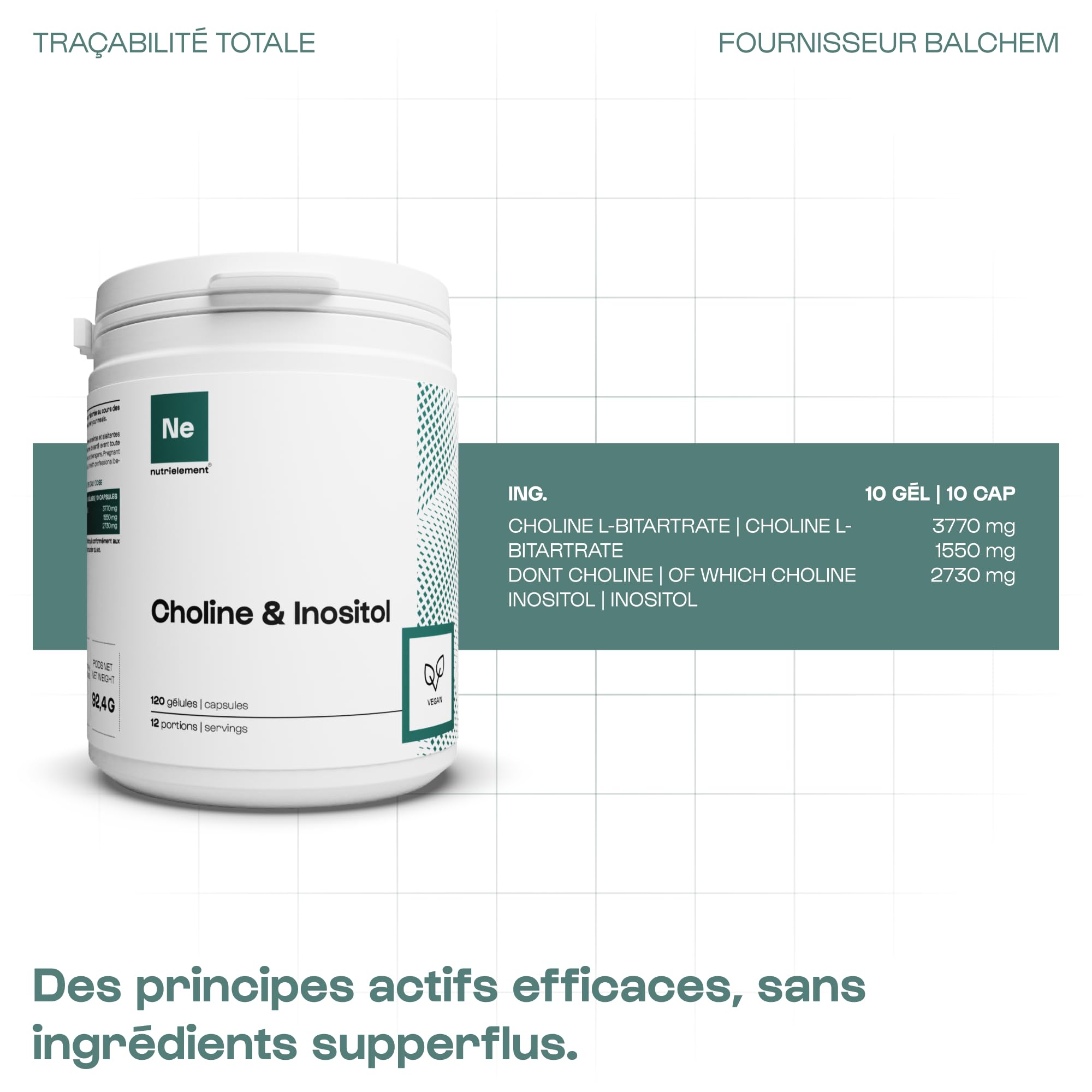 Mix Choline & Inositol - 120 Gélules • Brûleur de Graisse • Fat Burner • Idéal en Sèche • Sans Gluten ni OGM • Fitness & Musculation • Vegan | Nutrielement