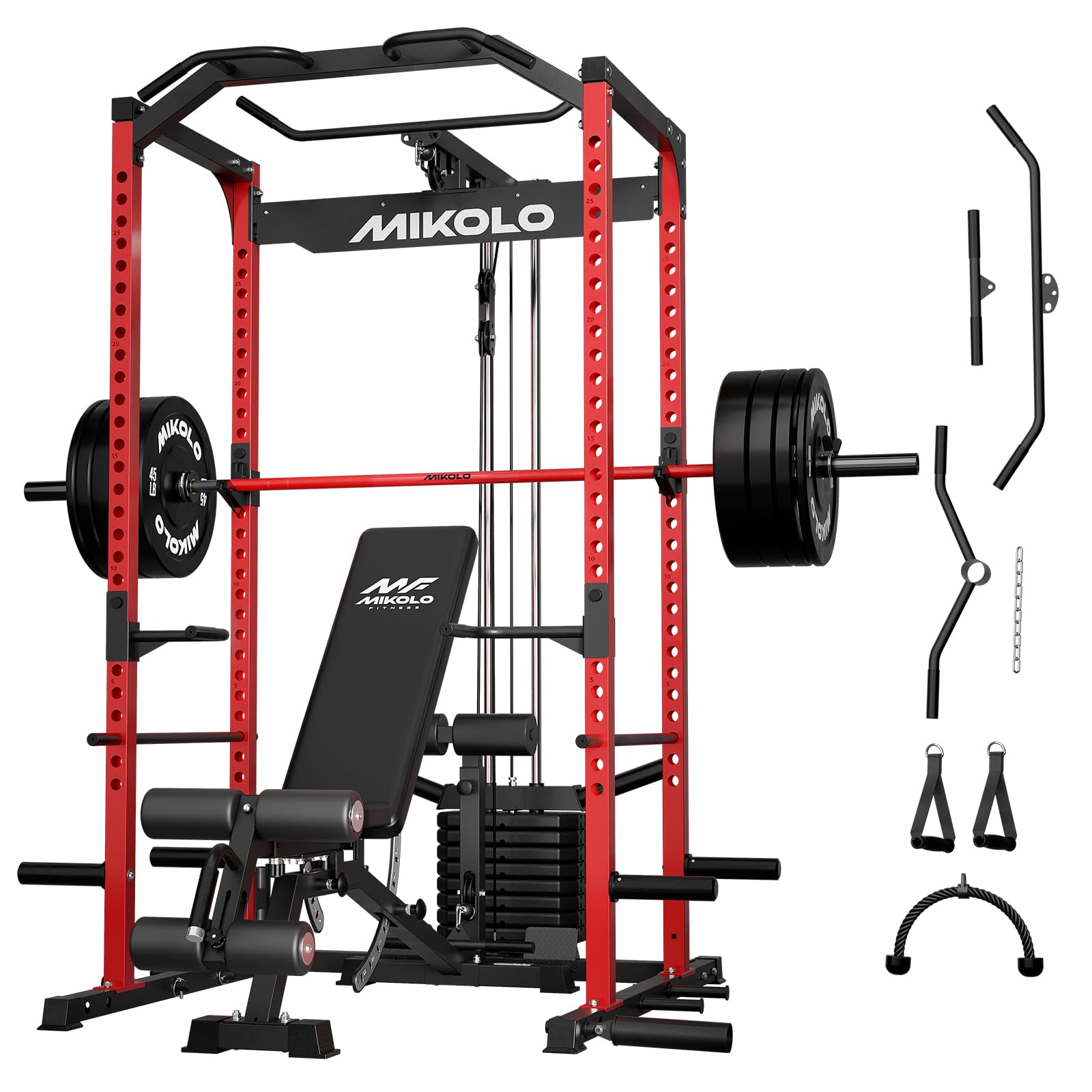 Mikolo F4 2.0 Power Cage with Dual-Track Smooth Pulley System, 1200LBS Power Rack with Leg Hold-Down for Heavy LAT Pulldowns