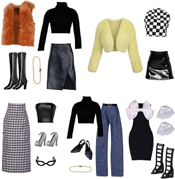 17 Pcs Doll Clothes for 11.5 inch Doll Include 1 Vest Set 1 Leather Plunge Dress Set 1 Fashion Set 1 Coat with Short Dress Set 1 Bow Tie Dress Set 4 Accessories 7 Pair of Shoes in Random