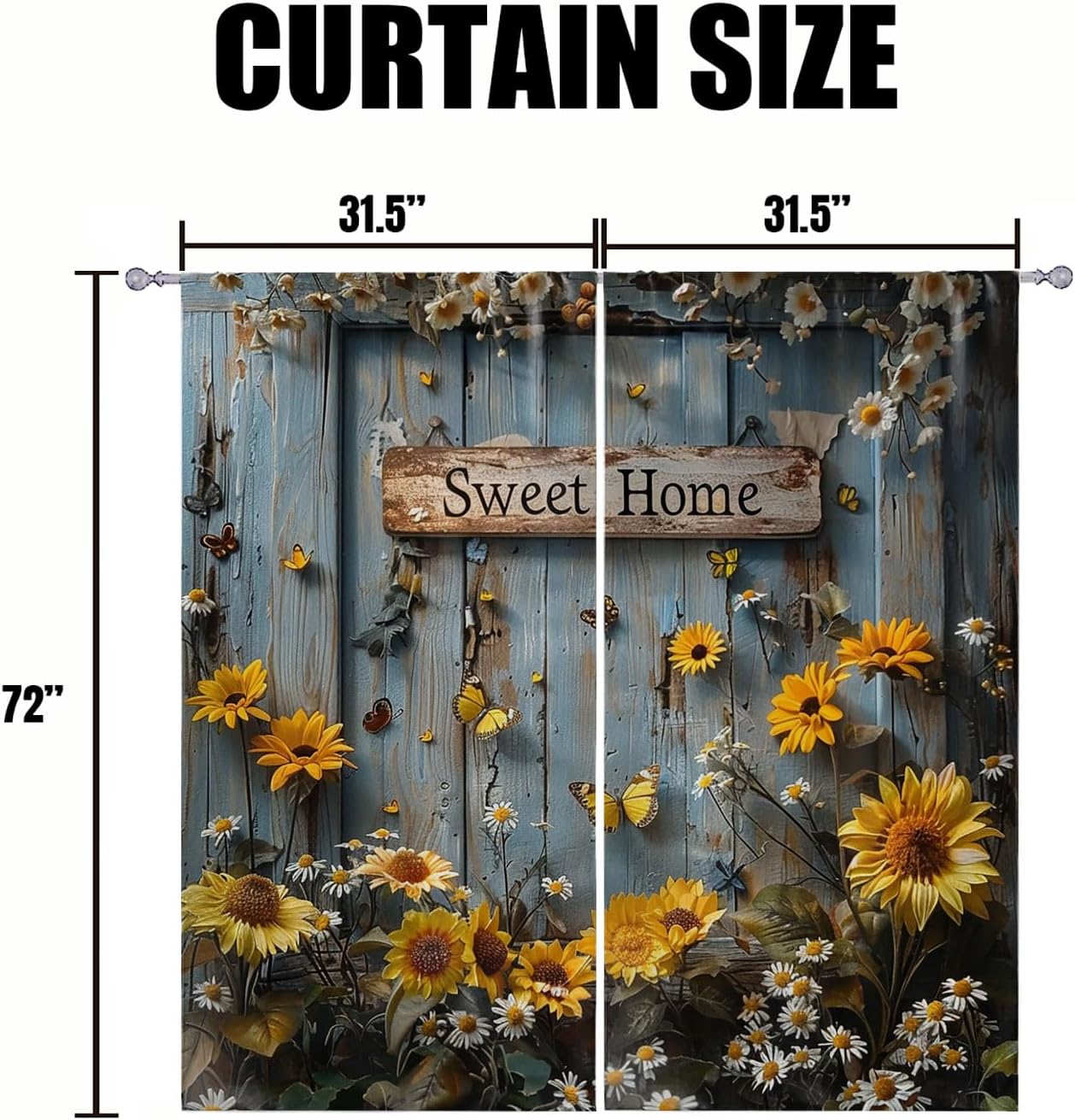 Rustic Barn Door Thermal Insulated Curtains Sunflower Daisy Butterfly Farmhouse Vintage Wooden Board Western Country Semi Blackout Rod Pocket Curtain Set for Bedroom 63x72 Inch