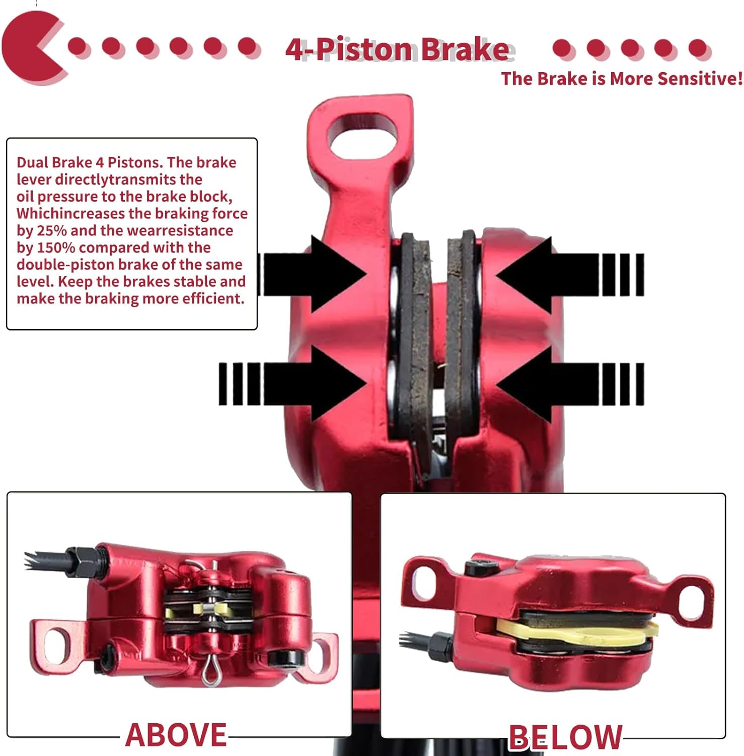 4-Pistons E-Bike Hydraulic Brake Set with 160mm/180mm/203mm Rotors 2-PIN Power-Off Disc Brake Set Alu Caliper Lever for Electric Bicycles Include 2300mm Hose