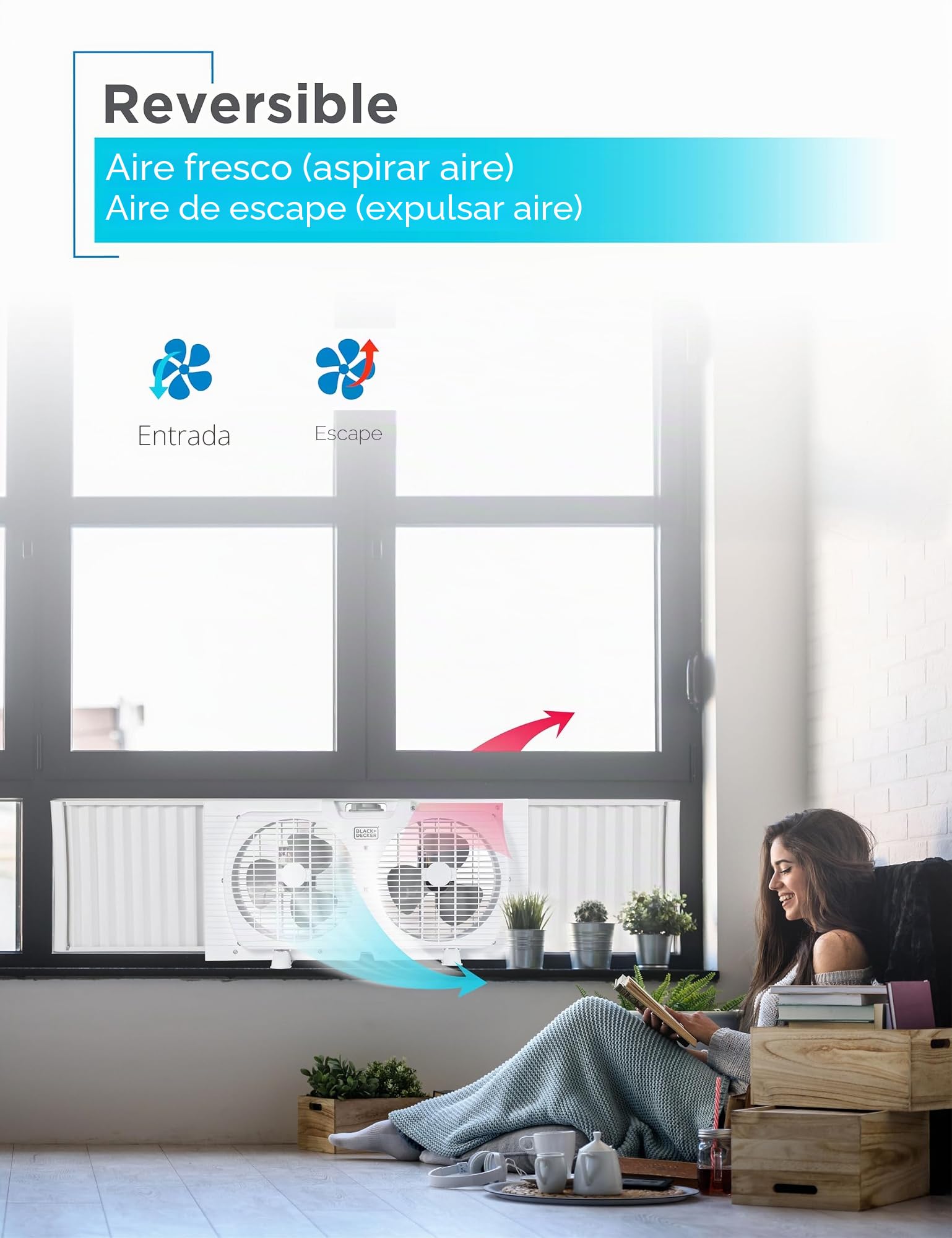 BLACK+DECKER Ventilador de ventana doble de 9 pulgadas para visualización de ventana con 2 ajustes de velocidad, ventilador de ventana doble con controles mecánicos y patas extraíbles, ventilador de
