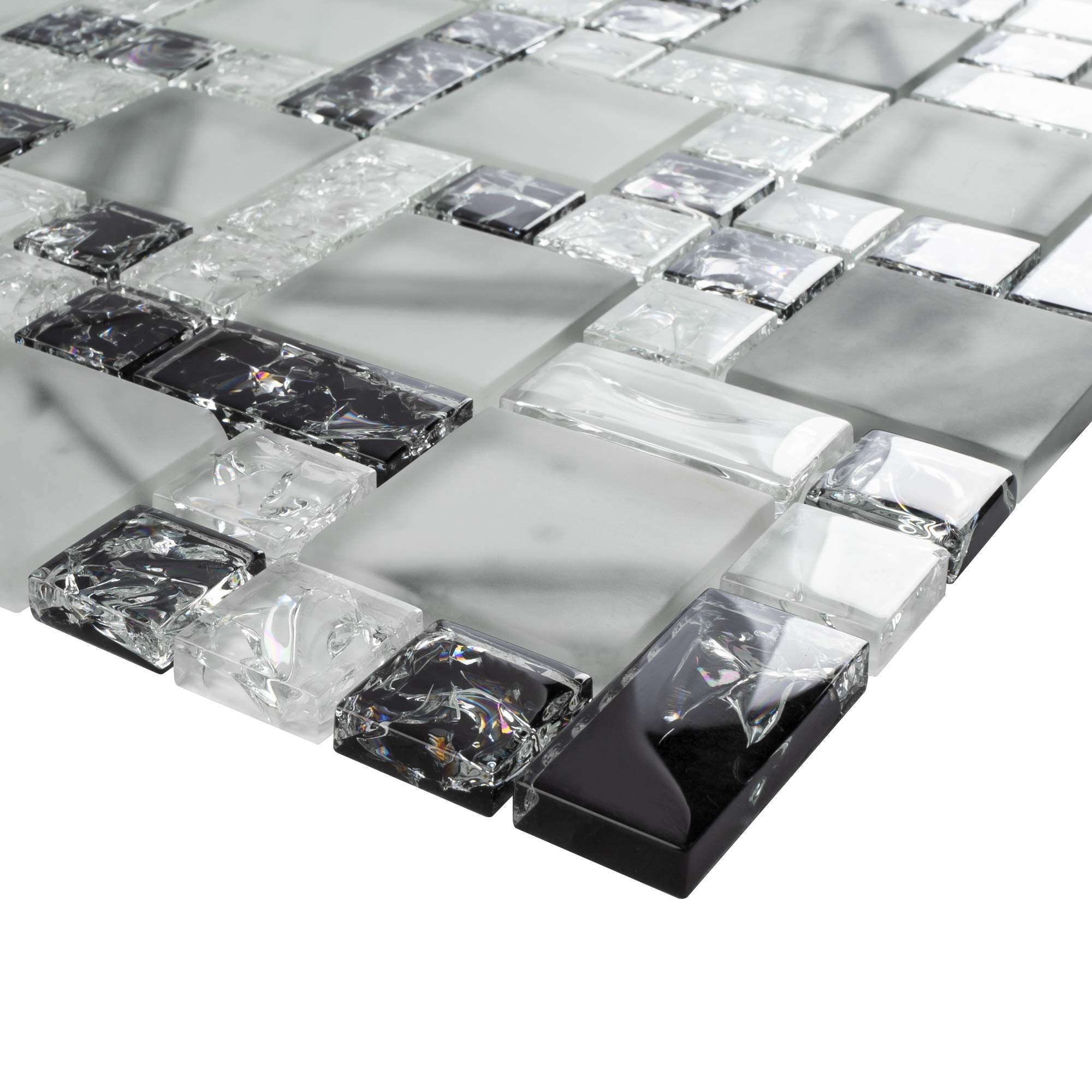 TCESG-03 Random Square Crackled Glass Mosaic Tile in Black and White (Sample Swatch)