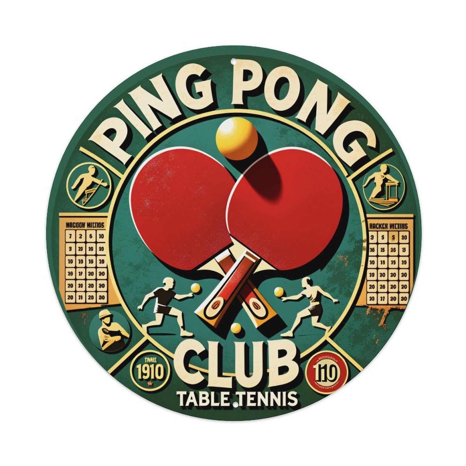 Wmlzdnwr Vintage Ping Pong Club Table Tennis Racket Ball Player Scoreboard Design Round Tin Sign,Retro Wall Art,Metal Poster For Home, Bar, Garage, Cafe, Rustic Indoor & Outdoor Decor, 8X8 Inches