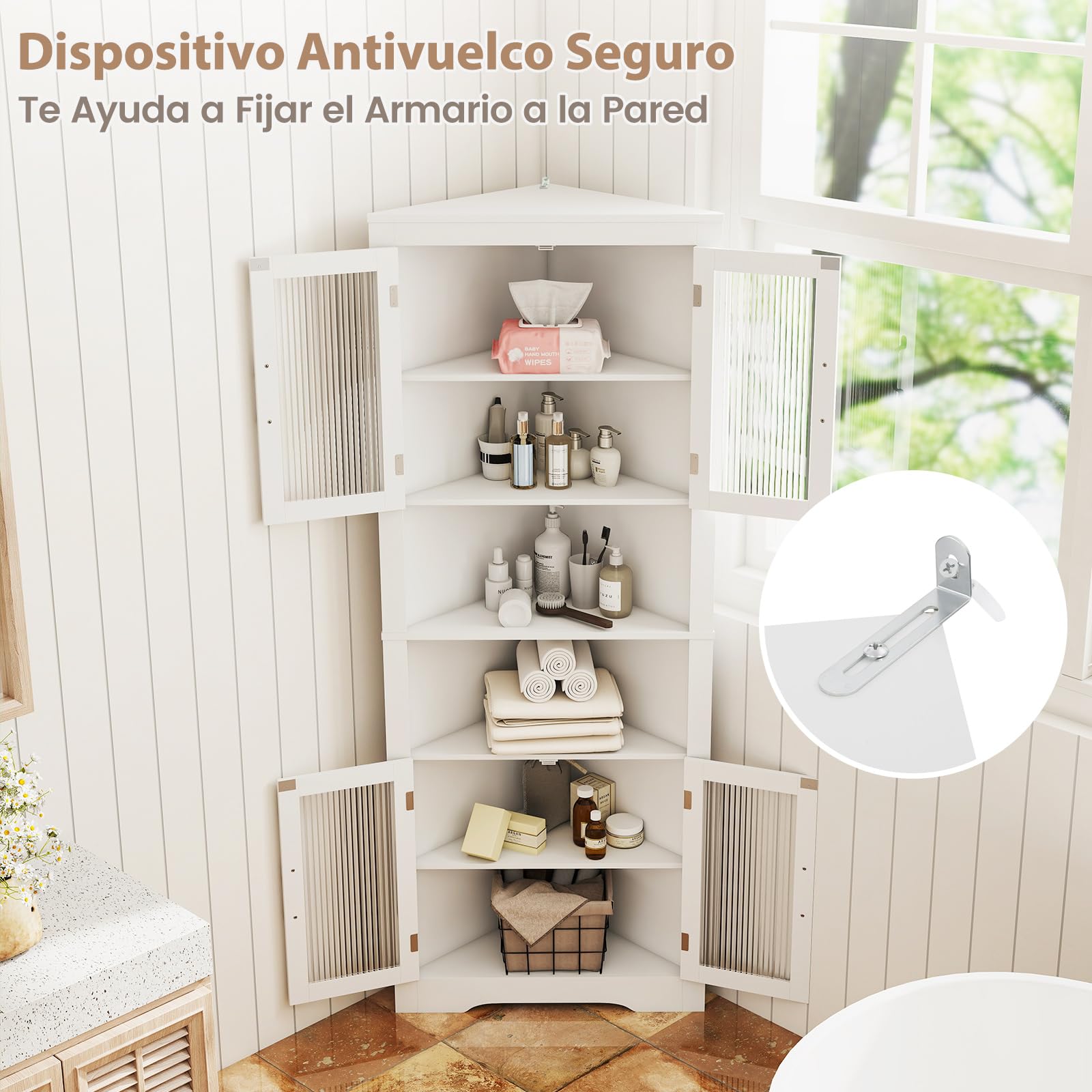 COSTWAY Armario Esquinero Alto de Baño, Mueble de Baño Triangular con 4 Puertas de Vidrio Templado, Estantes Ajustables, Gran Armario Despensa Independiente para Cocina Comedor (Blanco)