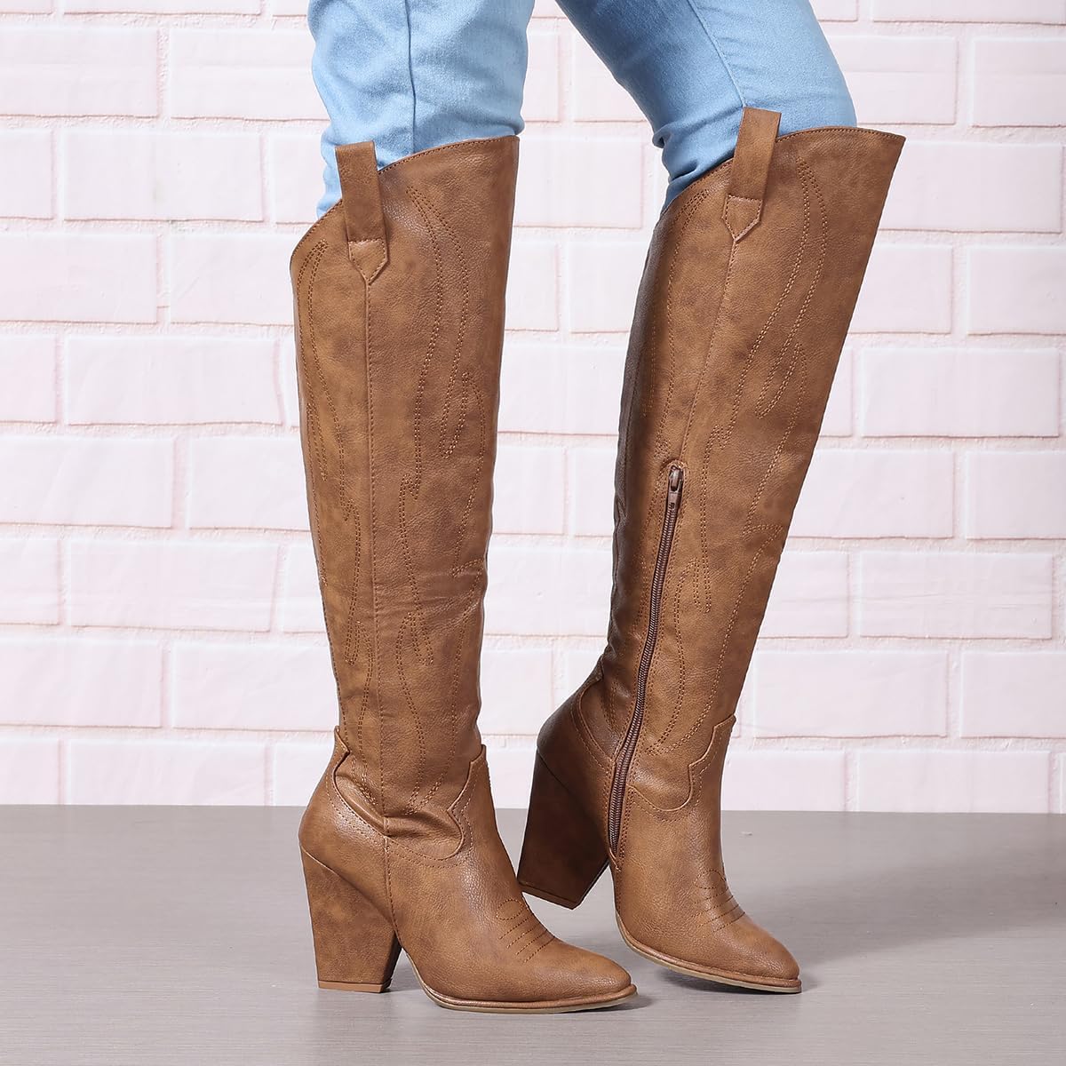 Cowboy Boots for Women Knee High Red Western Cowgirl Boots Chunky Heel Pointed Toe Side Zipper Tall Boot for Women Ladies (Brown) - Image 4