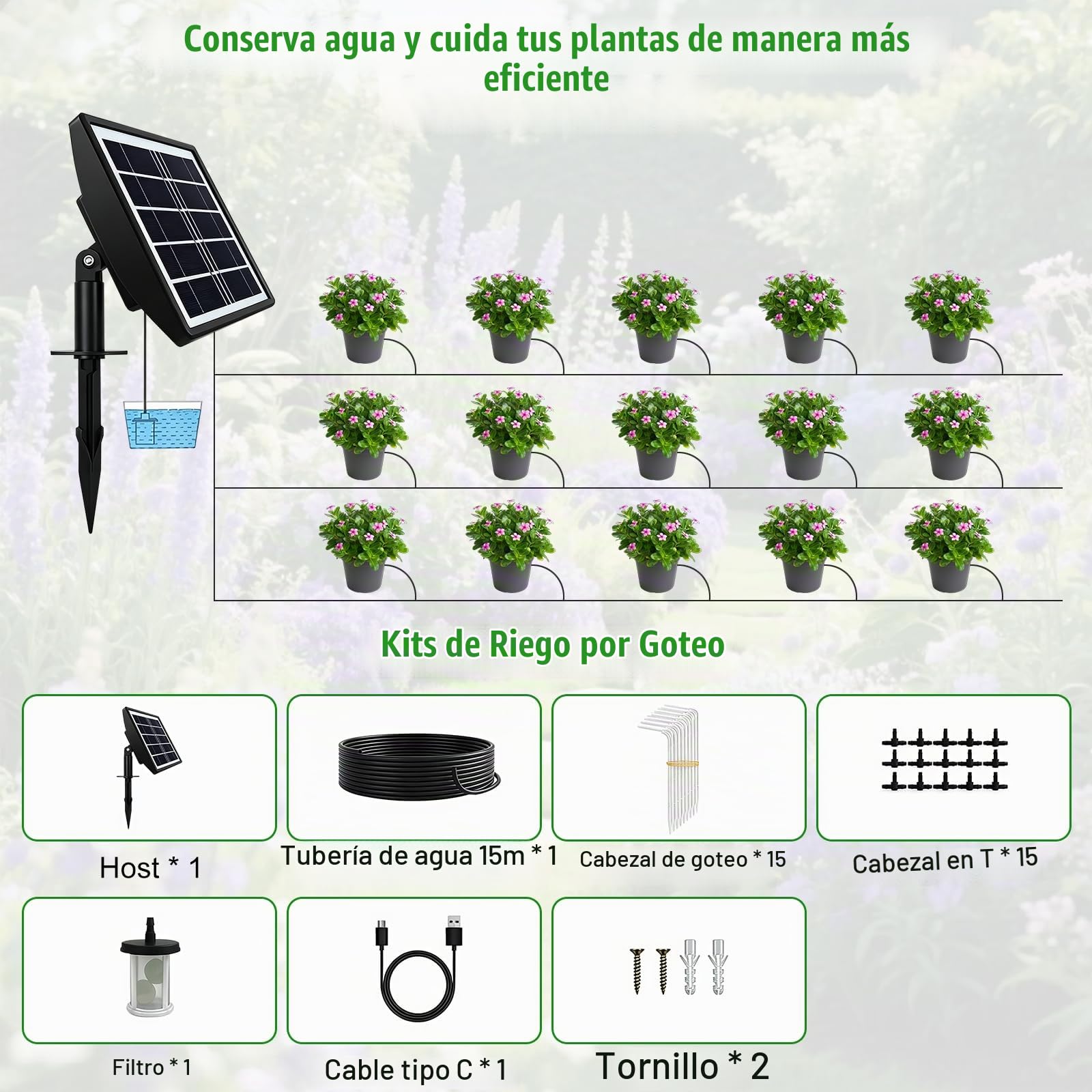 Solar Automatico Riego por Goteo, Sistema Automático de Riego Para Jardín con Manguera de 15 M, Para 15 Macetas, Alarma Automática, Ideal Para Regar Las Plantas, para Jardín, Balcón