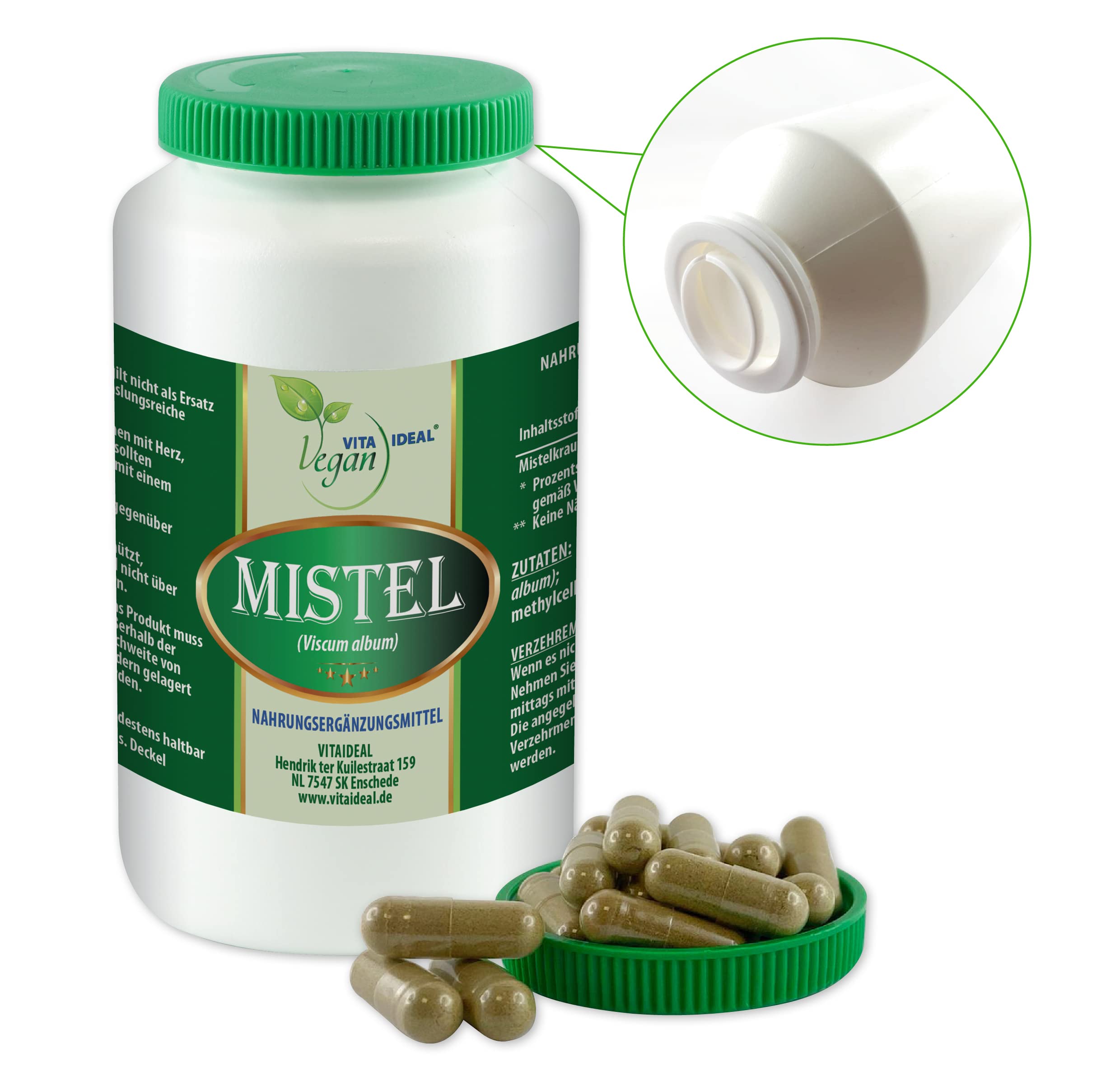 VITA IDEAL Vegan® MISTEL - Kraut 360 KAPSELN - Viscum album - Tagesportion 800mg MISTELKRAUT reines Pulver. Naatürlich, pflanzlich & ohne Zusatzstoffe.