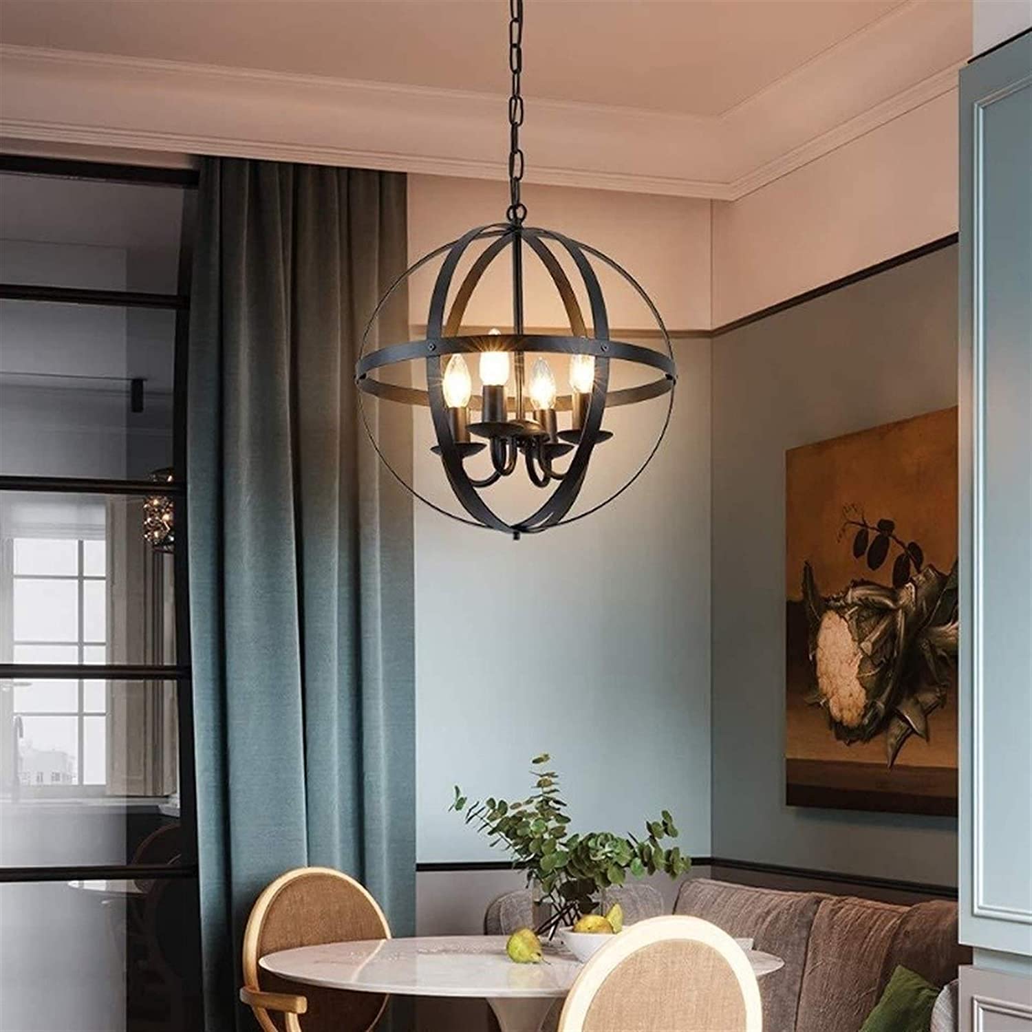 BLOOHK Modern Orb Chandelier, 4-Light Black Metal Globe Hanging Lamp, Industrial Farmhouse Sphere Ceiling Light Fixture for Dining Room, Kitchen Island, Entryway
