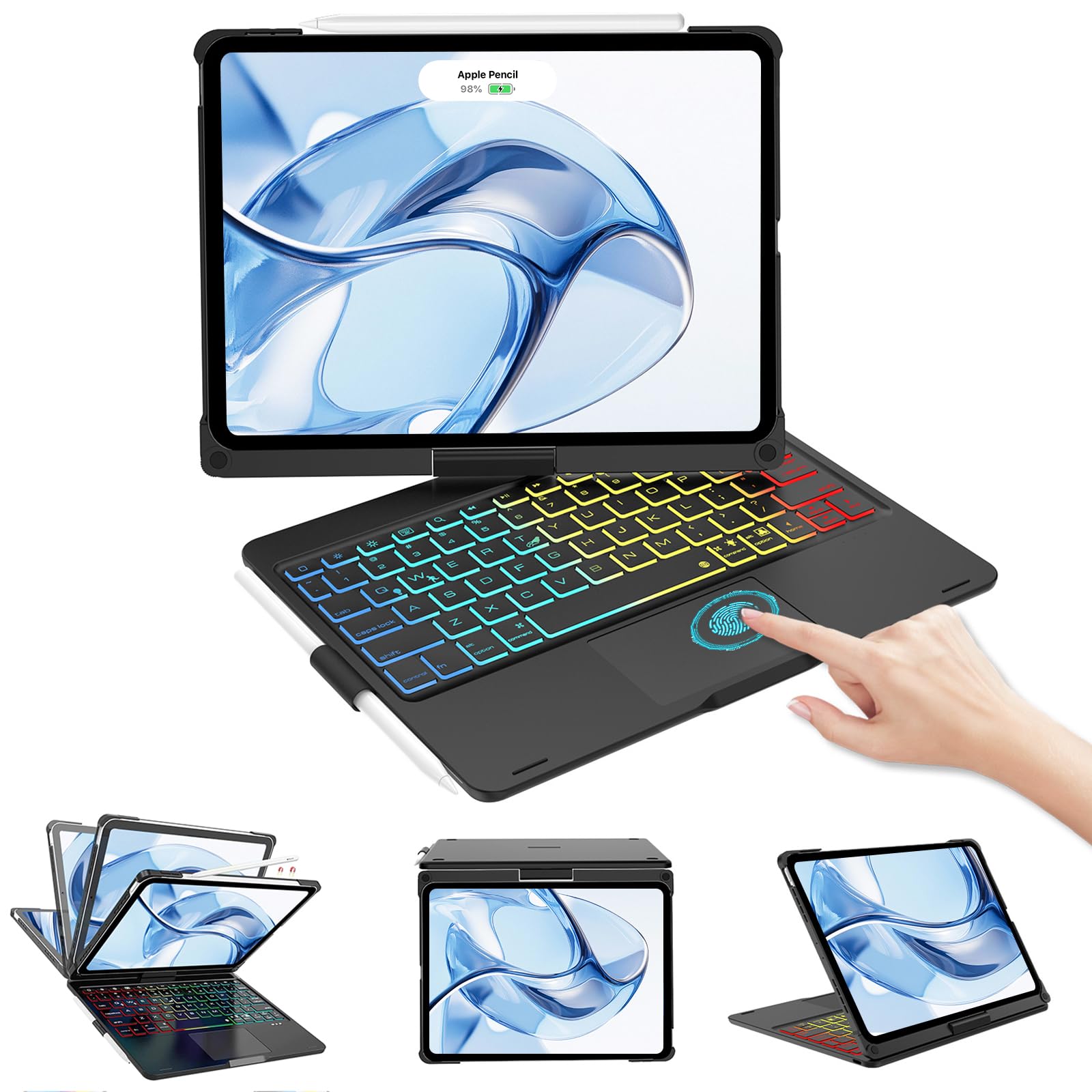 iPad Pro 11インチ (M5 2025/M4 2024) キーボード ケース 360度回転式 マジックキーボード iPad Pro 11インチ m5 ケース タッチパッド付き Bluetooth 5.3 遅延なし 7色バックライト ペン収納 Type-C充電 全面保護 (ブラック)