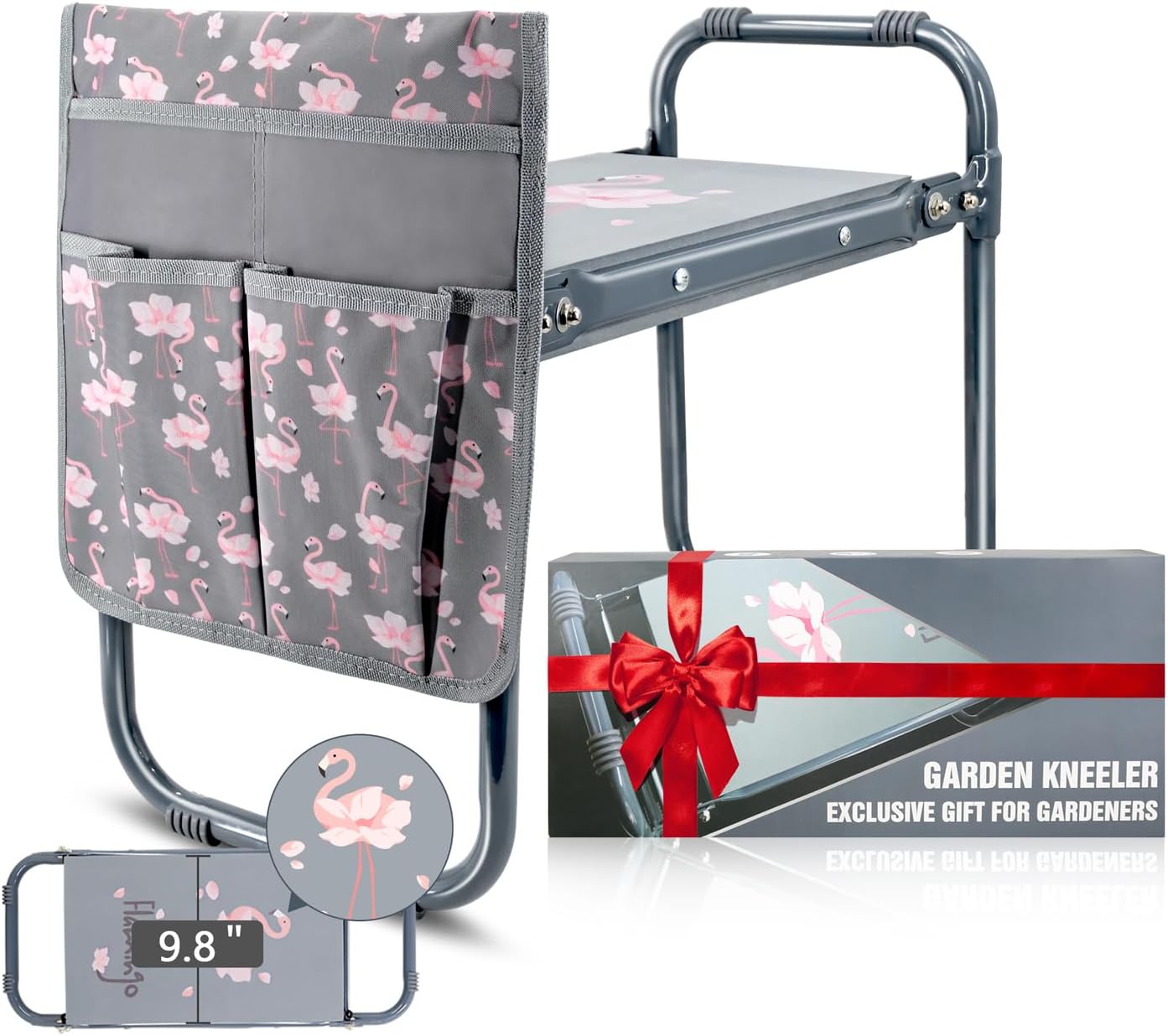 Garden Kneeler and Seat Heavy Duty, Upgraded Sturdy Gardening Bench with Wider Soft Kneeling Pad, Folding Garden Kneeler Stool with Flamingo Pouch Bag, Gardening Gift for Women