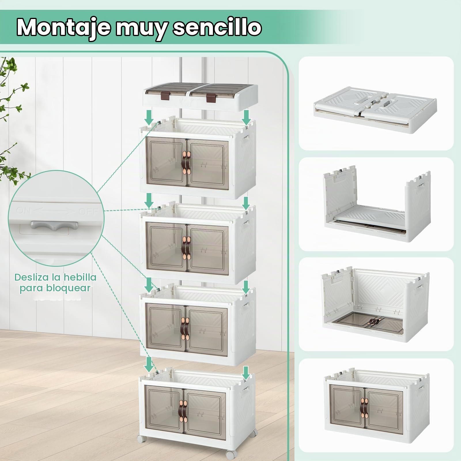 KOMFOTTEU Caja de Almacenamiento Apilable, Contenedor Plegable con Tapas y Ruedas, Caja Organizadora de Plástico Transparente, para Dormitorio, Sala de Estar, 54,5 x 34,5 x 132 cm (4 Niveles)
