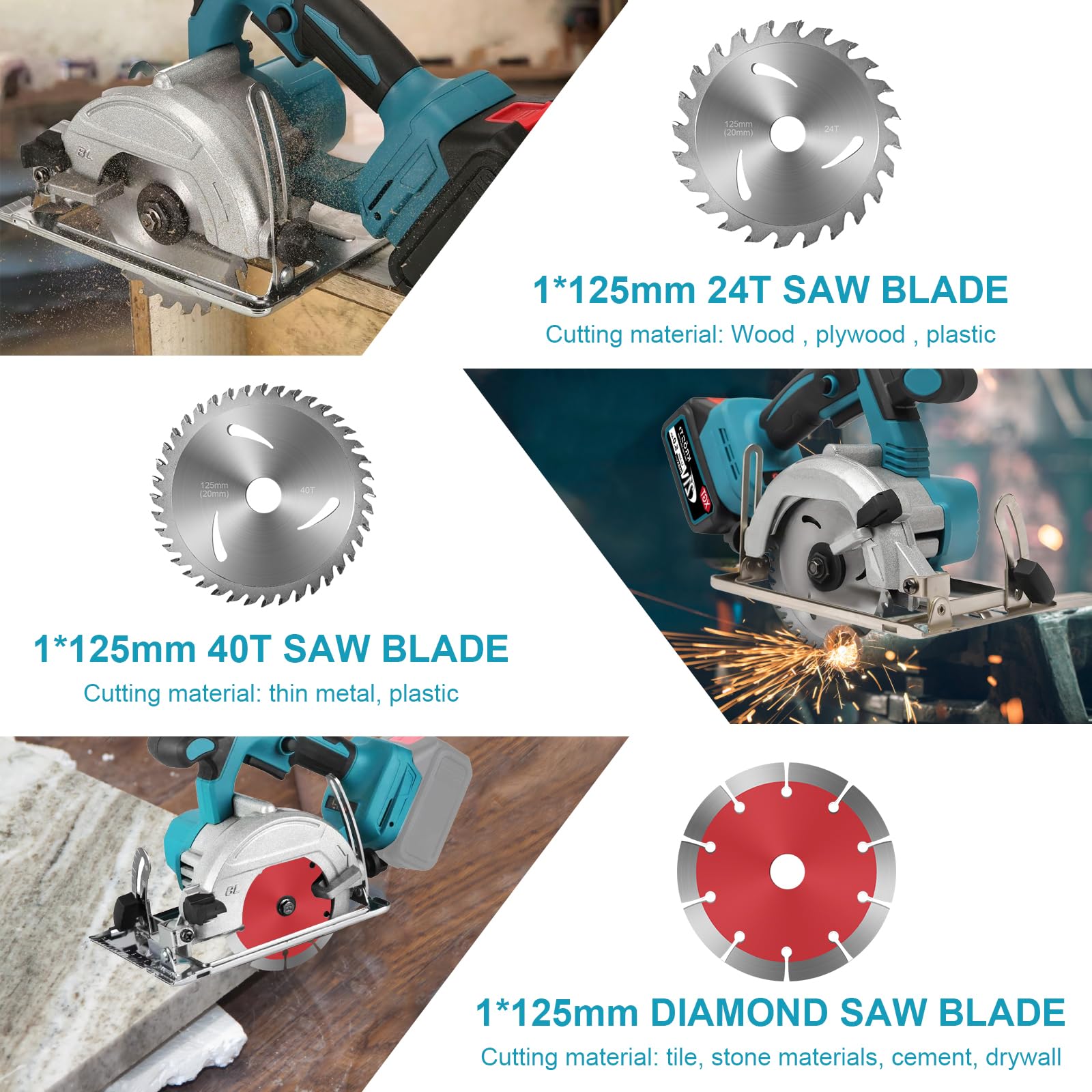 Sierra Circular Inalámbrica Compatible con Makita 18V Batería | con 3 Hojas de Sierra, Motor Sin Escobillas, Bisel de 0-45°, Profundidad 40mm, Cortar Madera Metal Blando