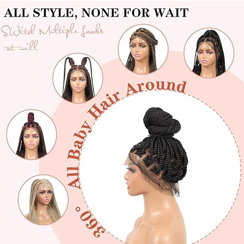 Miniatura 9 de Lexqui Pelucas trenzadas de encaje completo 360 HD de 36 pulgadas con extremos rizados, estilo bohemio, peluca trenzada con cabello de bebé, color