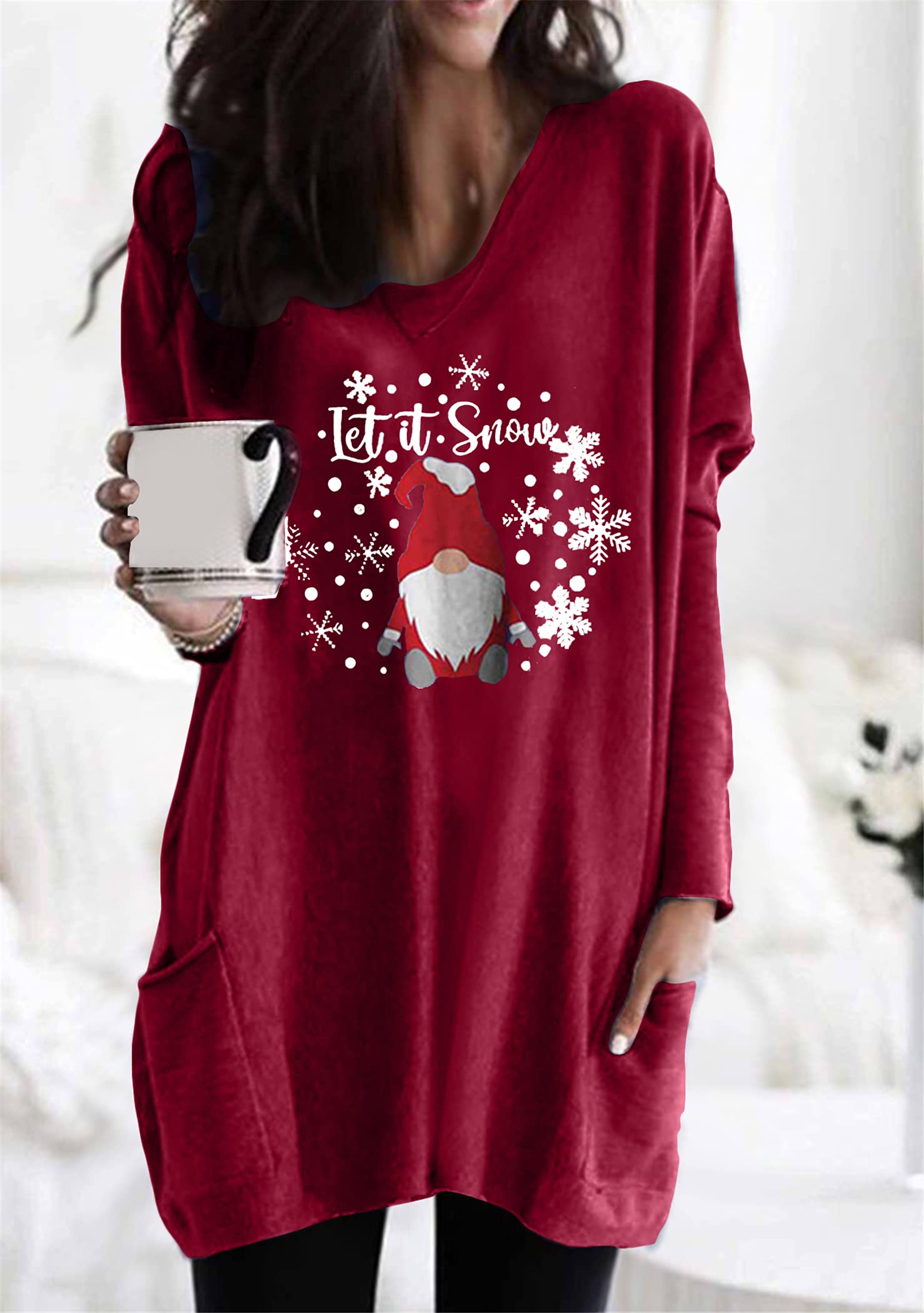 OMZIN Femme Noël Sweat-Shirt Manches Longues Pull De Noël avec Drôle De Tenue Imprimée Noël Pullover