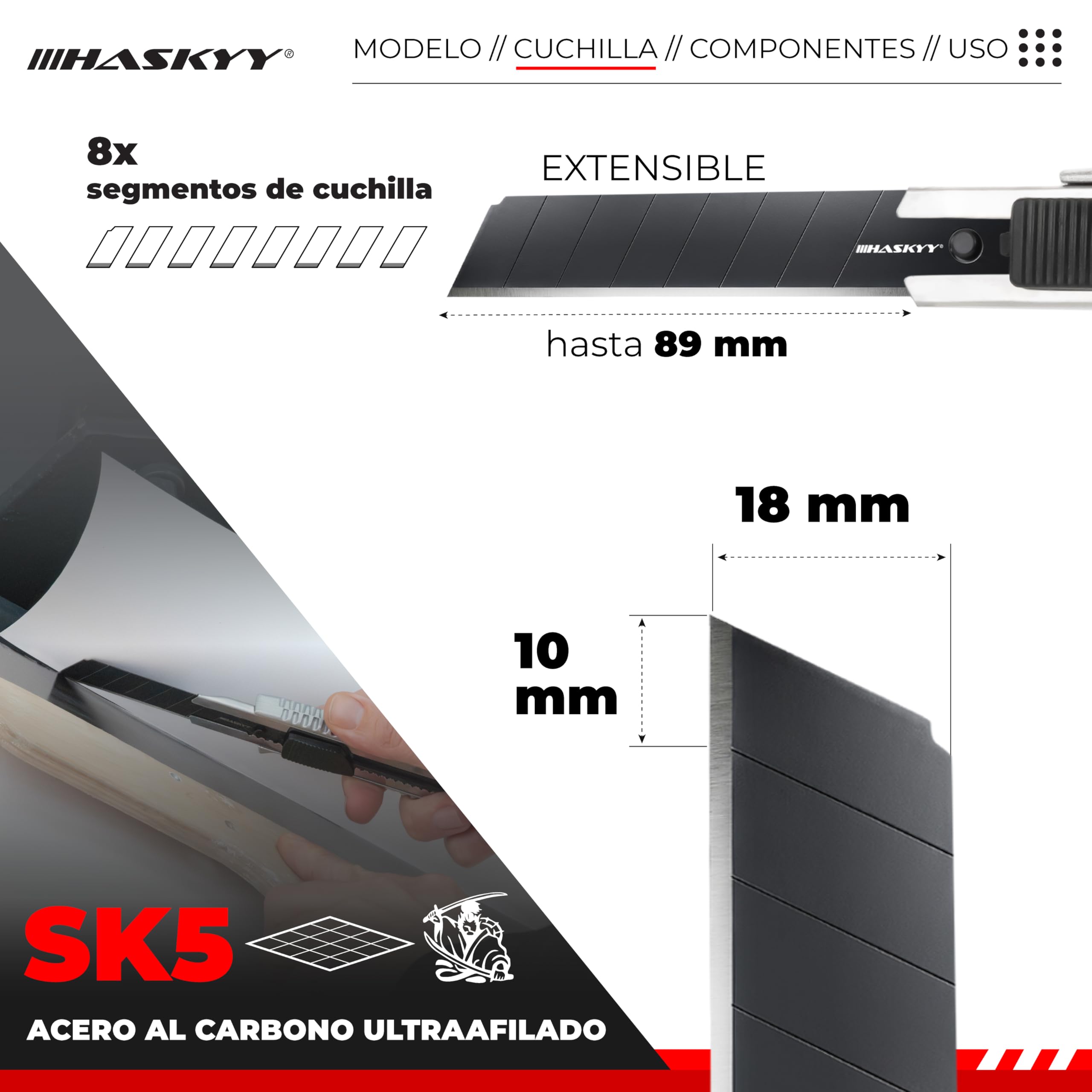 HASKYY Pack 2 Cúteres Profesionales 18mm + 5 Hojas SK5 Premium - Navajas de Seguridad con Auto-Lock