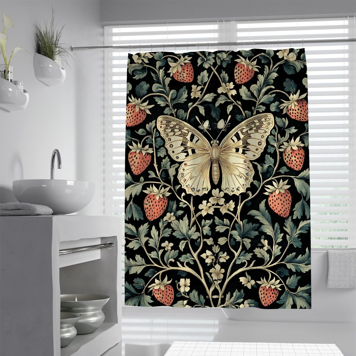 OLLIAR Home Strawberry Butterfly Shower Curtains for Bathroom 150x180 Country Plant Vintage Bathroom Shower Curtains with Hooks Washable Bath Curtains Shower Set