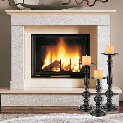 Miniatura 2 de Sziqiqi Portavelas de pilar altos, juego de 3 portavelas negros para pilares, juegos de candelabros de metal grandes, decorativos para Navidad,