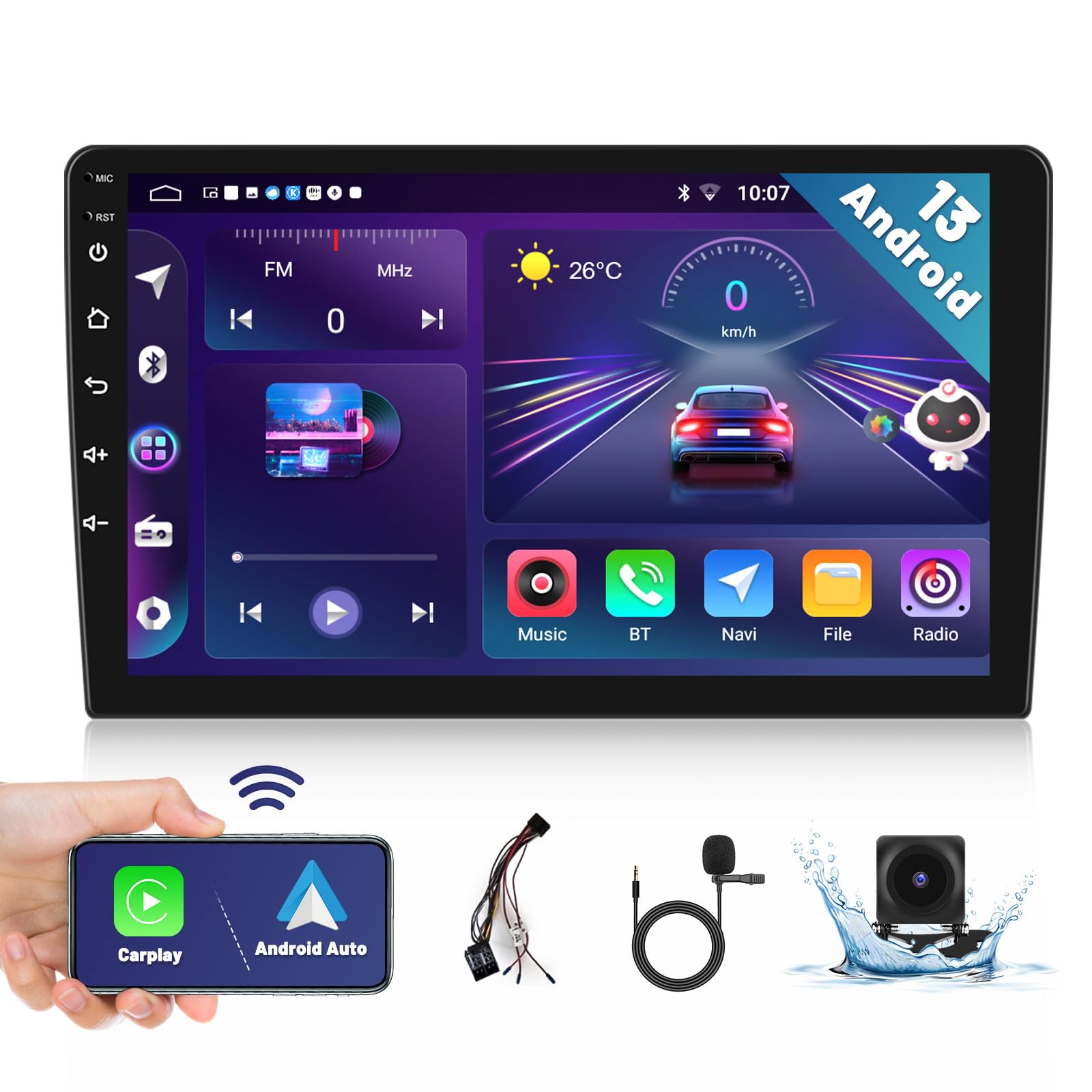 Hikity 2+64G Android Double Din Car Stereo With Wireless CarPlay Android Auto 9" Touchscreen Car Radio 2 Din Supports Sat Nav WiFi Network Radio AI DSP Intelligent Voice Assistant OTA Upgrade AHD CAM
