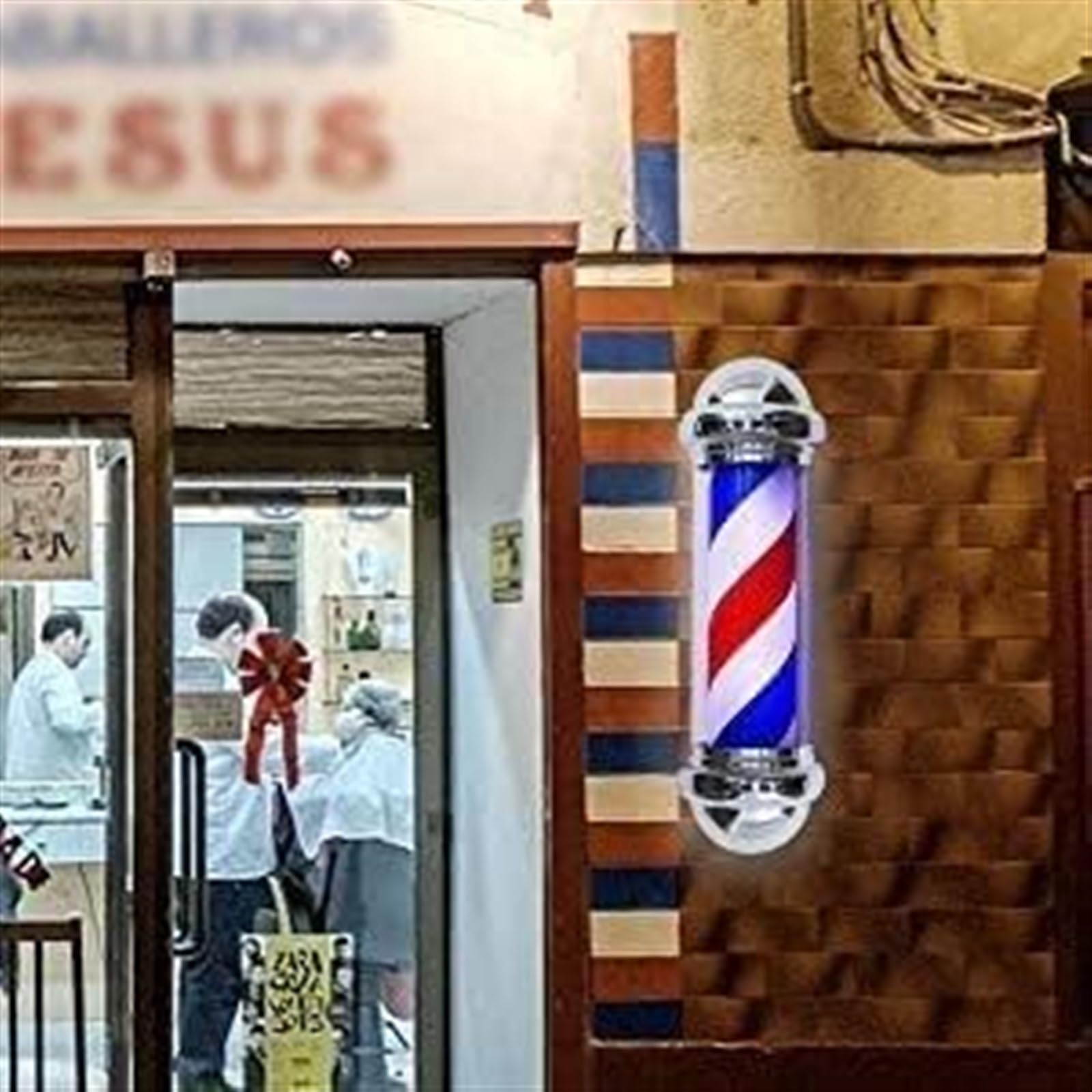 Salón Giratorio, barbería, Cartel Abierto, Poste, Tiras Rojas, Blancas y Azules con luz de Globo Brillante, lámpara montable en Pared