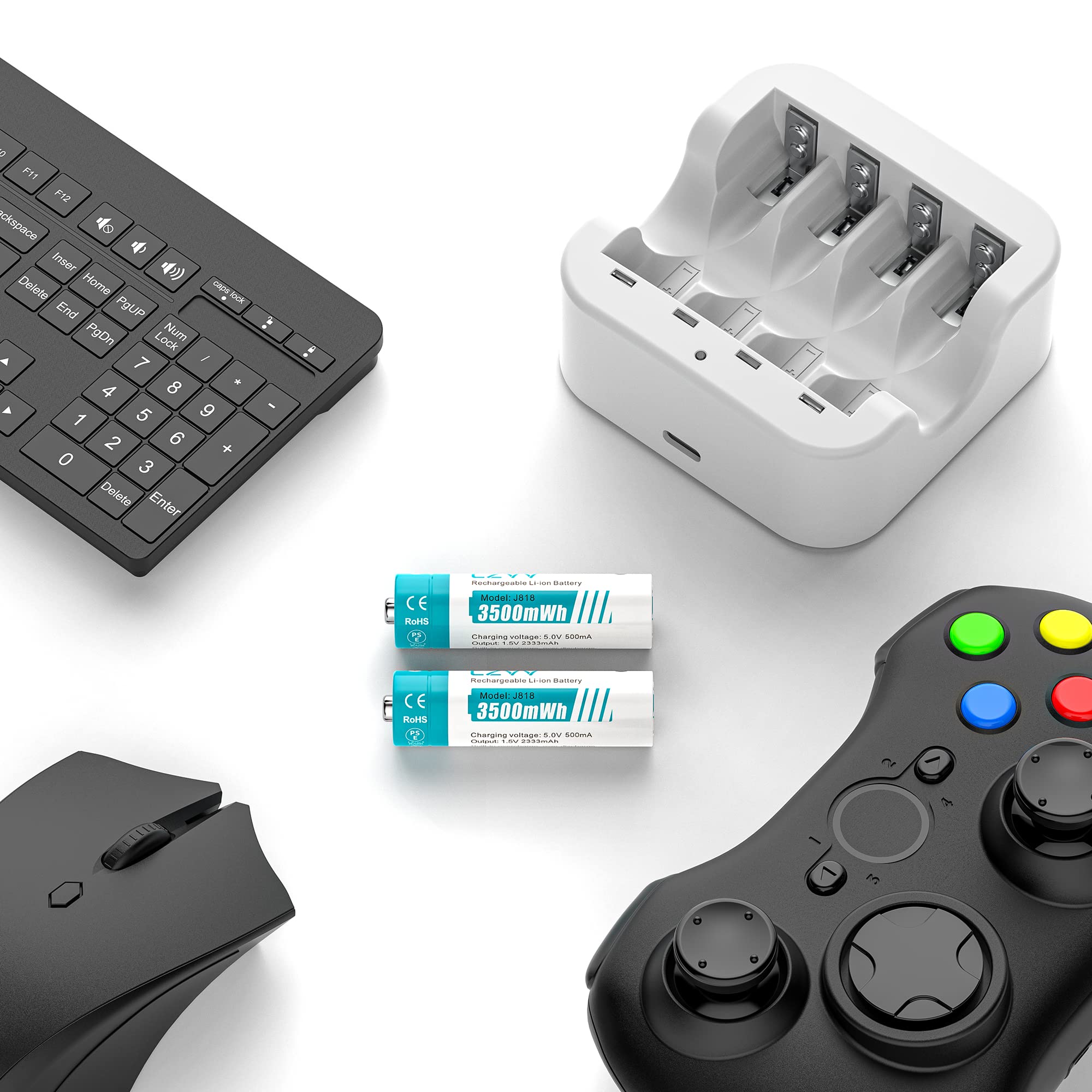 Batterie Ricaricabili AA Lithium 1,5V - Alta Capacità 3500mWh Pile 12 Pezzi con Caricatore 4 Slot Intelligente Caricabatterie Ricarica Rapida 2H, 1500 Cicli, Durata Ultra Lunga 10 Anni