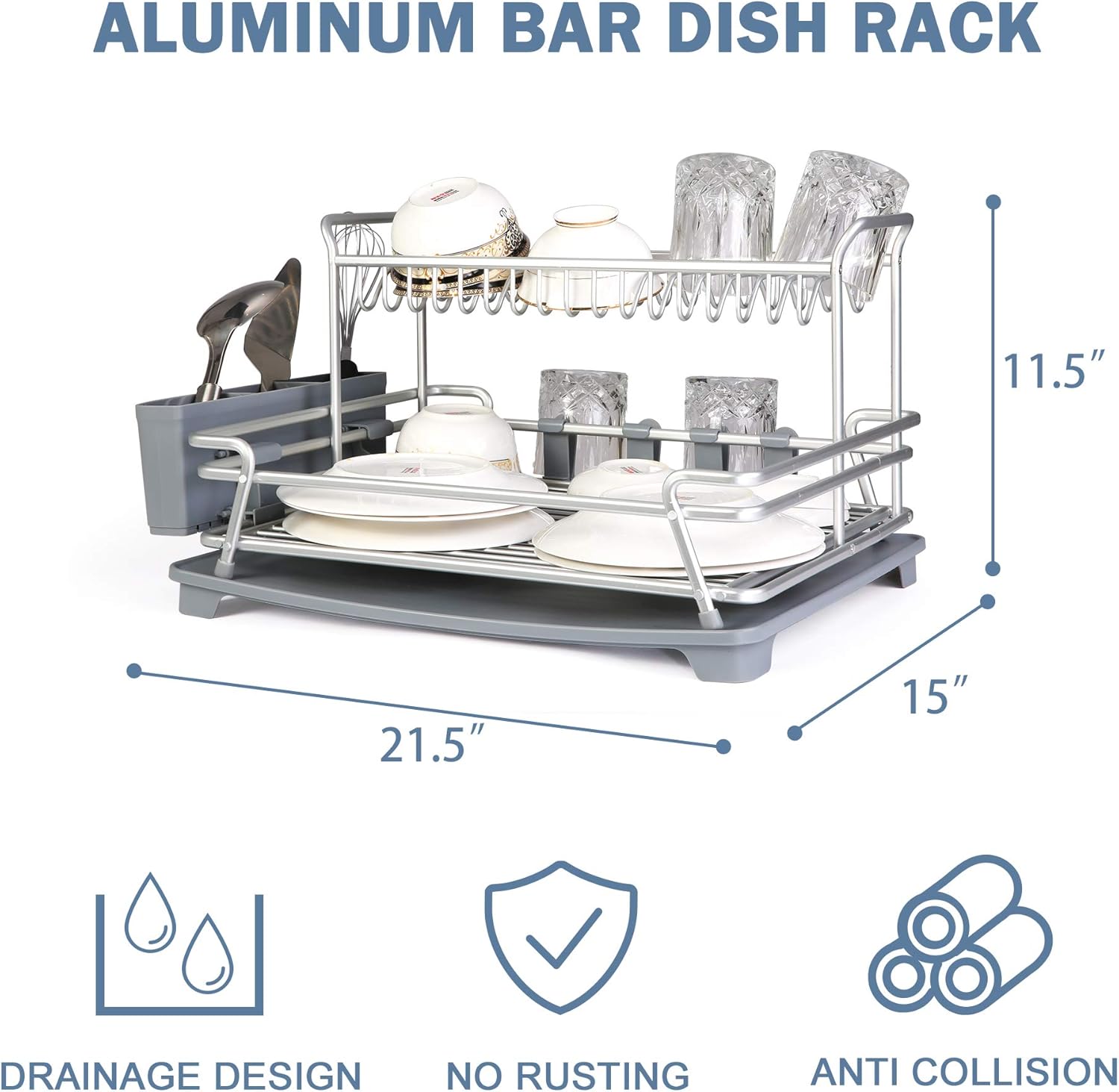 Dish Drying Rack with 360° Swivel Drain Board and Drain Spout,2 Tier Stainless Aluminum Dish Rack for Kitchen Countertop,Cutlery Holder with Removable Plastic Tray,Grey (21.5” x 15” x 11.5”)